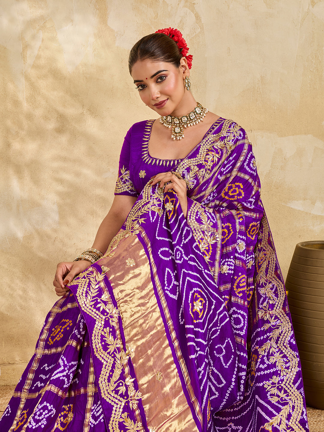 Buy Gaji Silk Saree With Bandhani Style Gota Patti Work KcPc