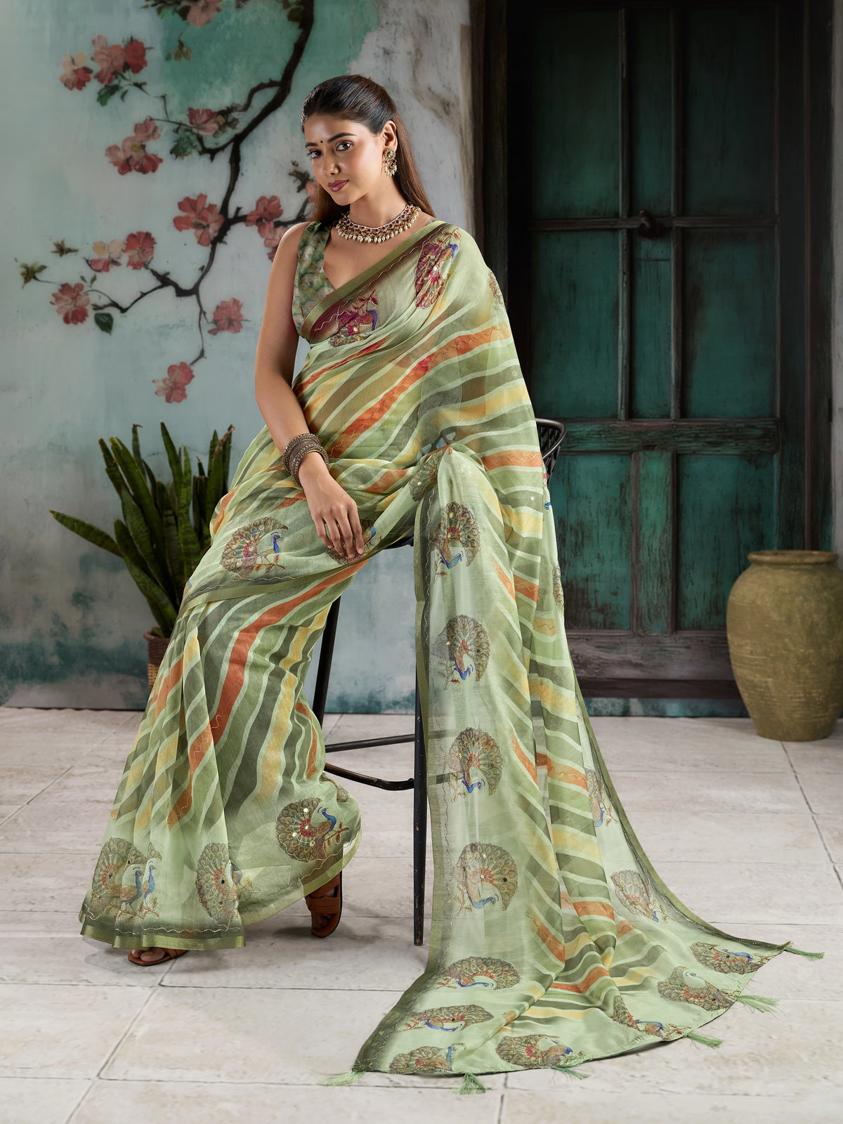 KcPc Traditional Leheriya Cotton Silk Saree with Designer Aari Tari WorkSTL