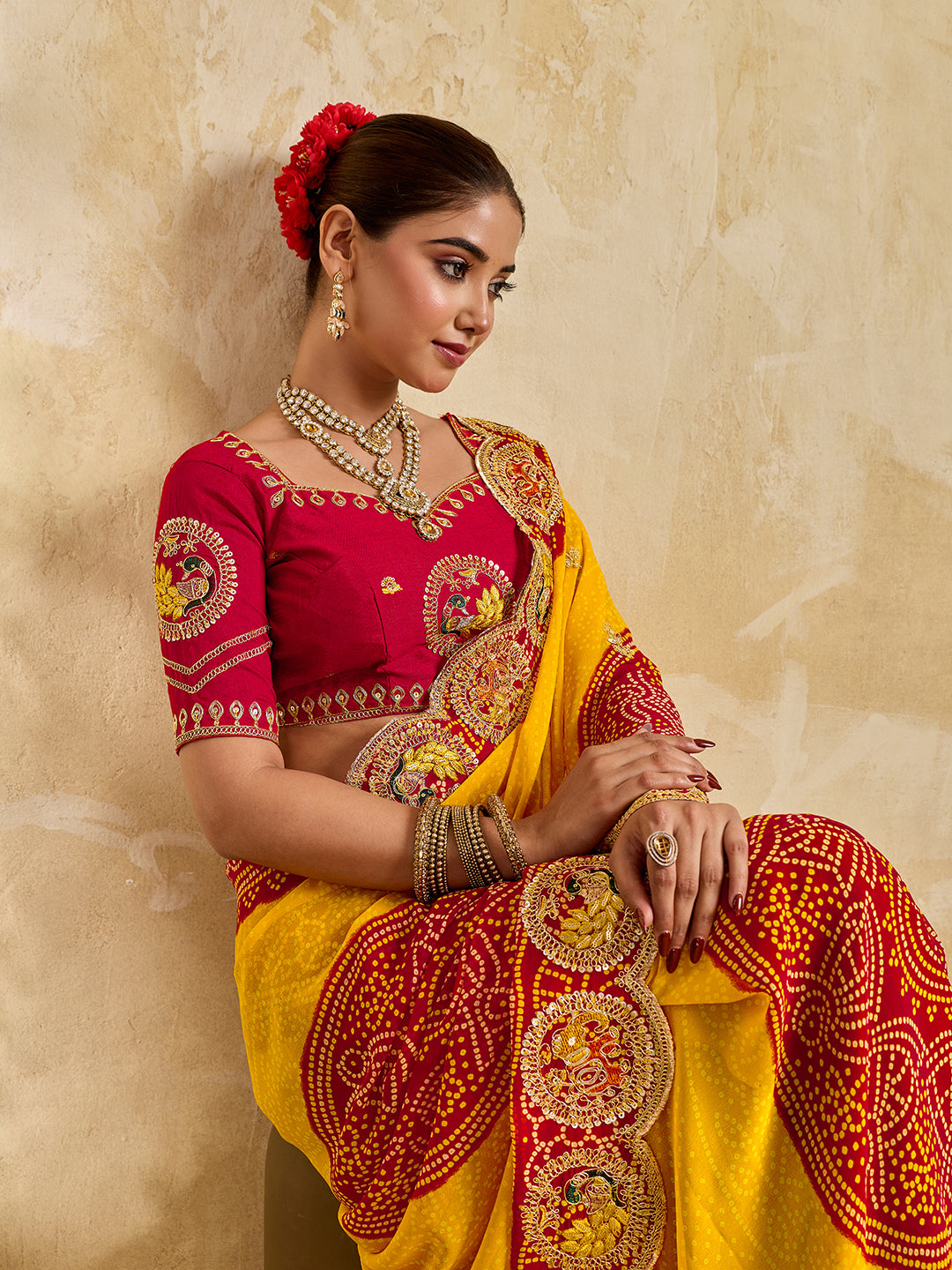 Buy Festive Wear Bandhani Style Saree With Embroidery Work KcPc