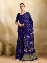 Buy blue saree with bandhani print and lagdi patola pallu