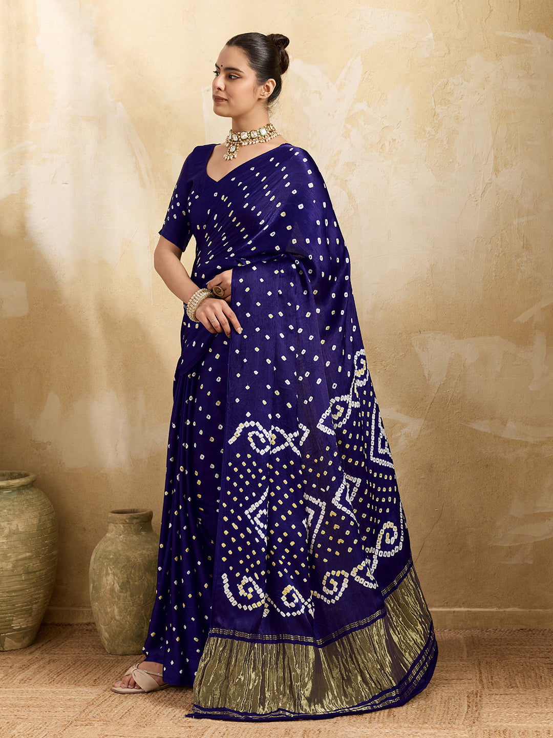 Buy blue saree with bandhani print and lagdi patola pallu