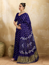 Buy blue saree with bandhani print and lagdi patola pallu