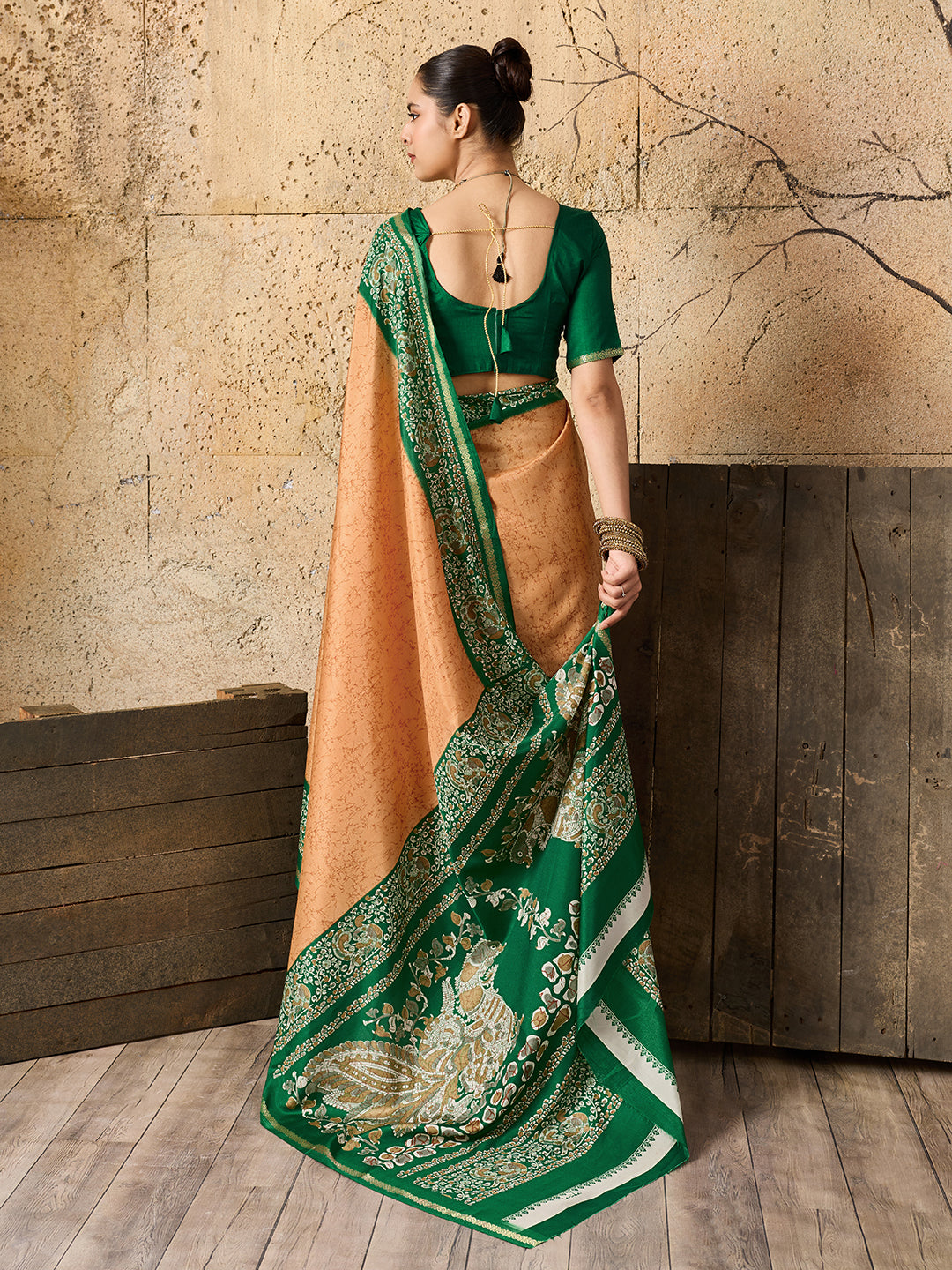 green and orange saree withSilk Printed Style With Zari Border Work