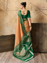 green and orange saree withSilk Printed Style With Zari Border Work