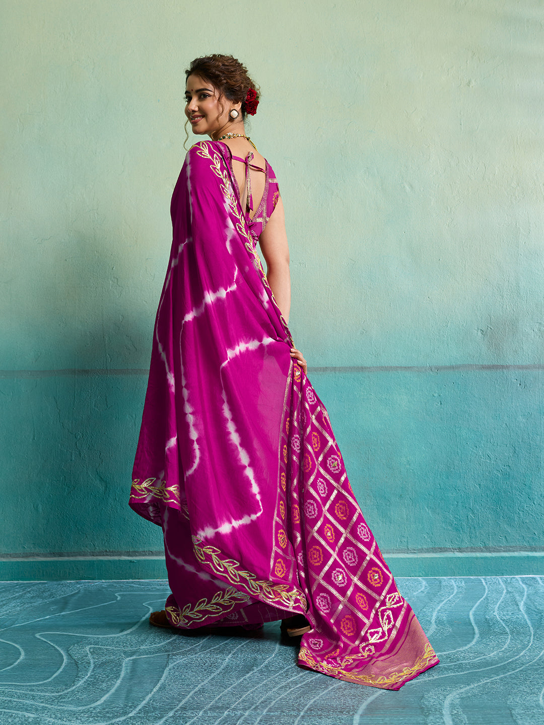Buy Bandhani Style Dola Silk Saree with Gotapatti Work Kcpc