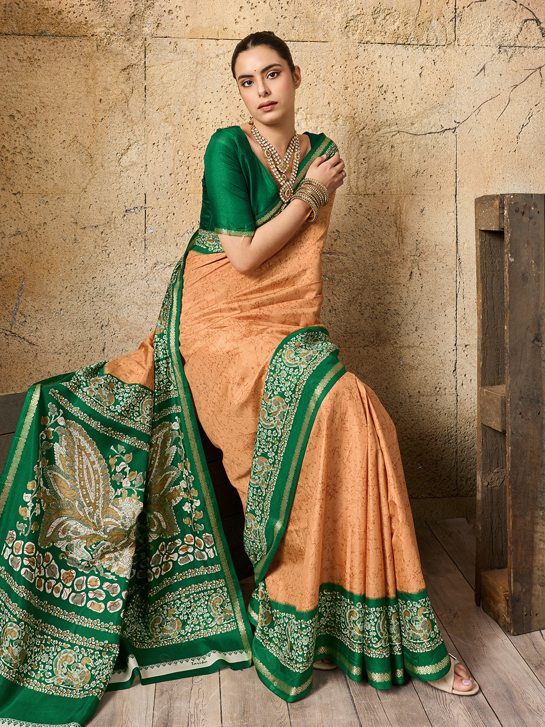green and orange saree withSilk Printed Style With Zari Border Work