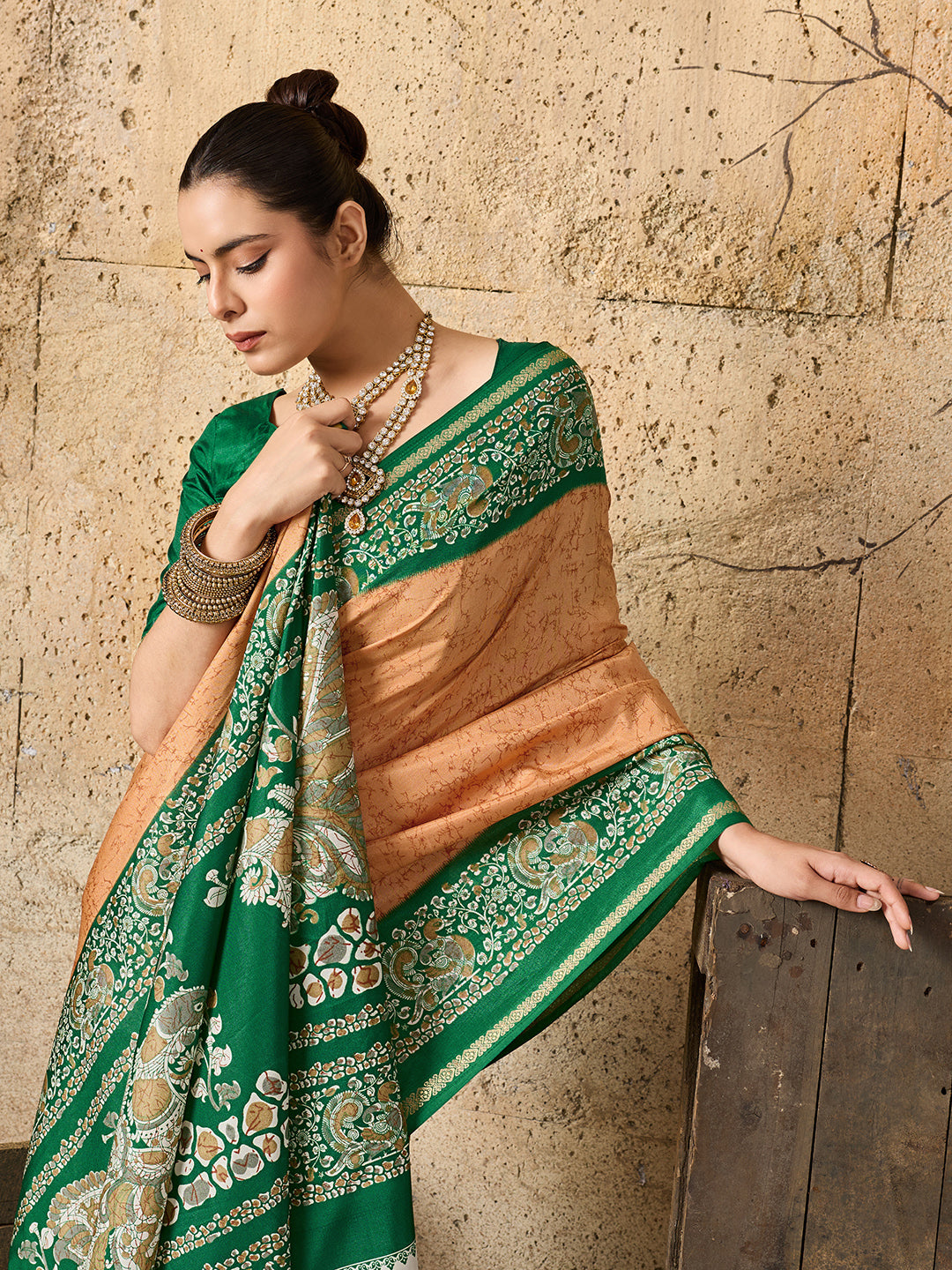 green and orange saree withSilk Printed Style With Zari Border Work