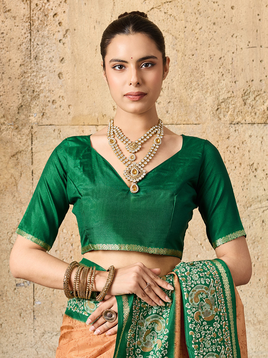 green and orange saree withSilk Printed Style With Zari Border Work