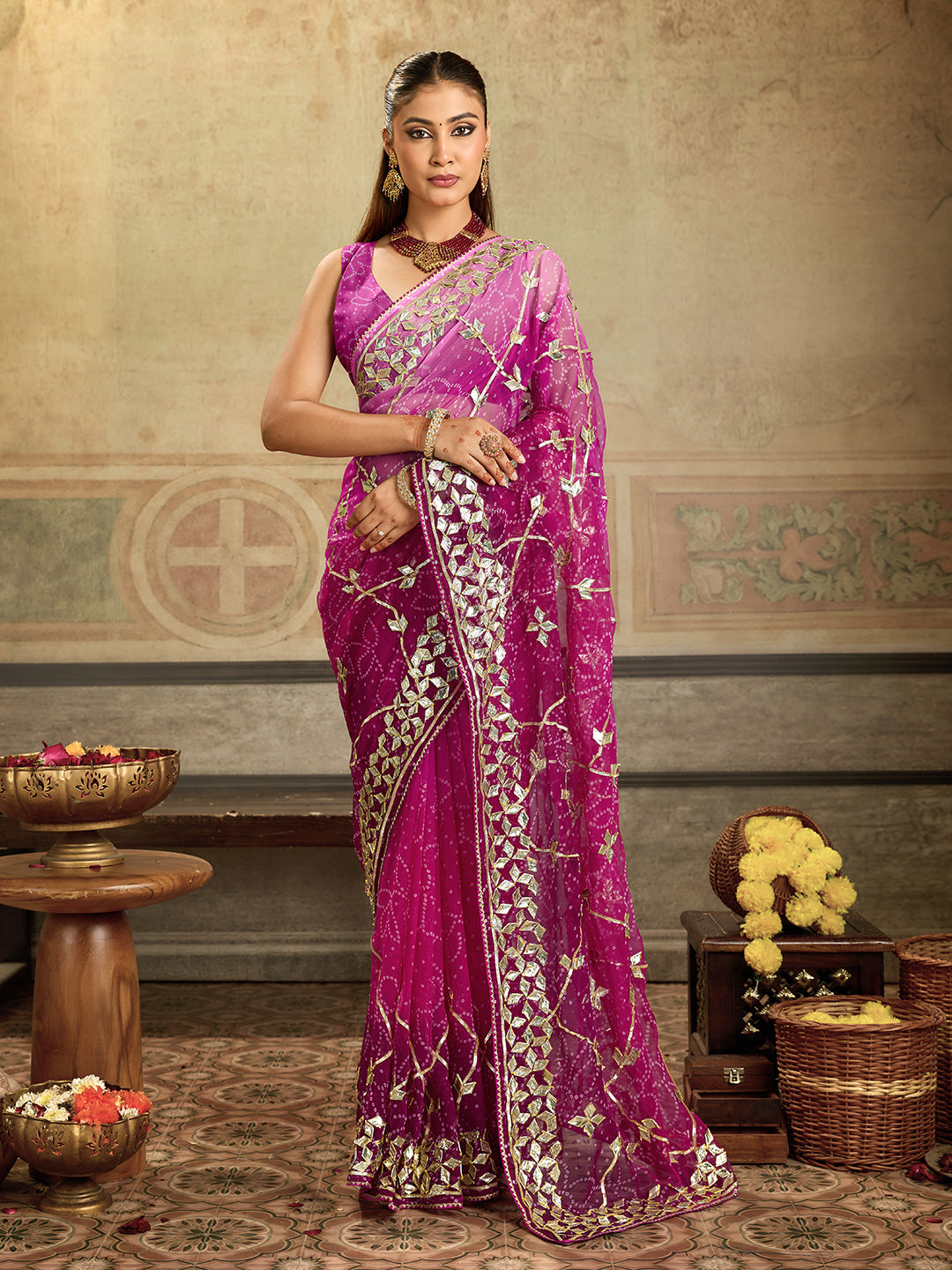 KcPc New Georgette Chiffon Bandhani Style With Gotapatti Work Saree MHS