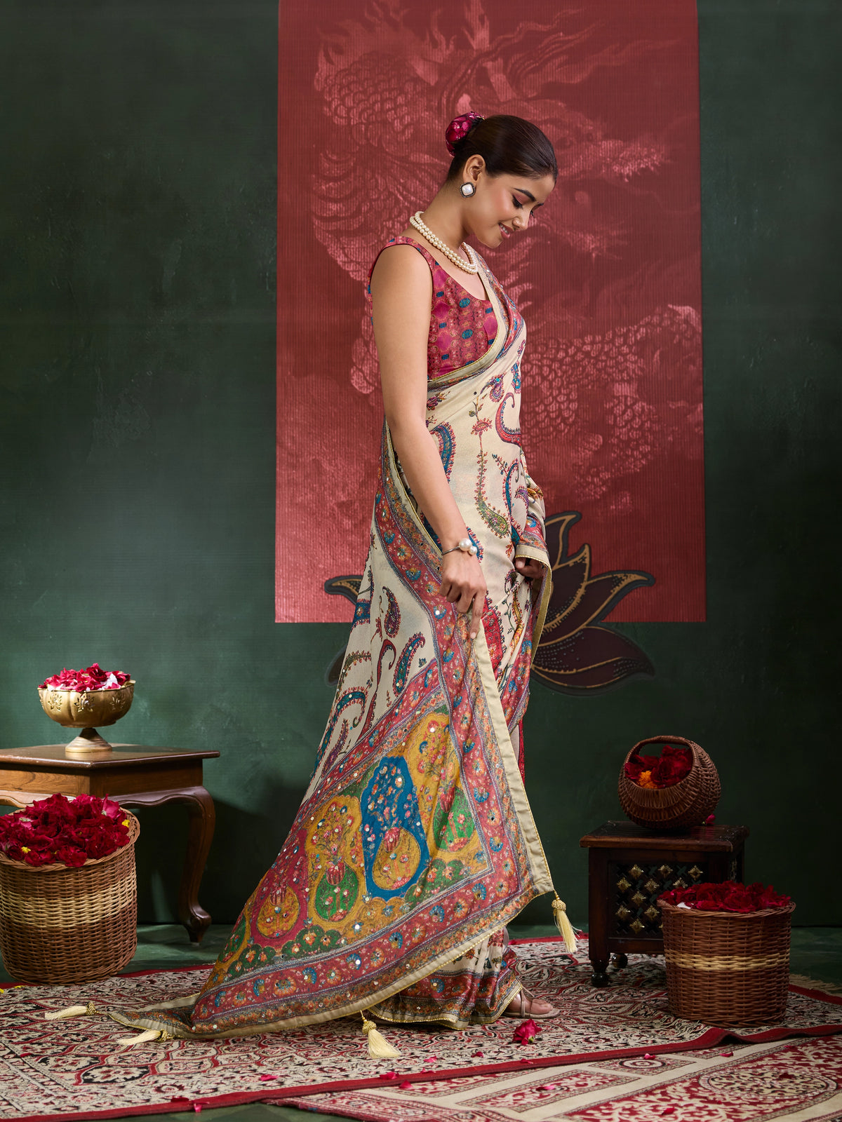 KcPc Premium Chinon Printed Saree with Mirror Work