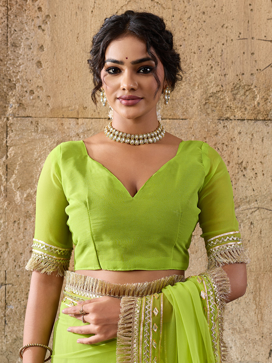Buy Green saree with silver gotapati workborder for traditional design