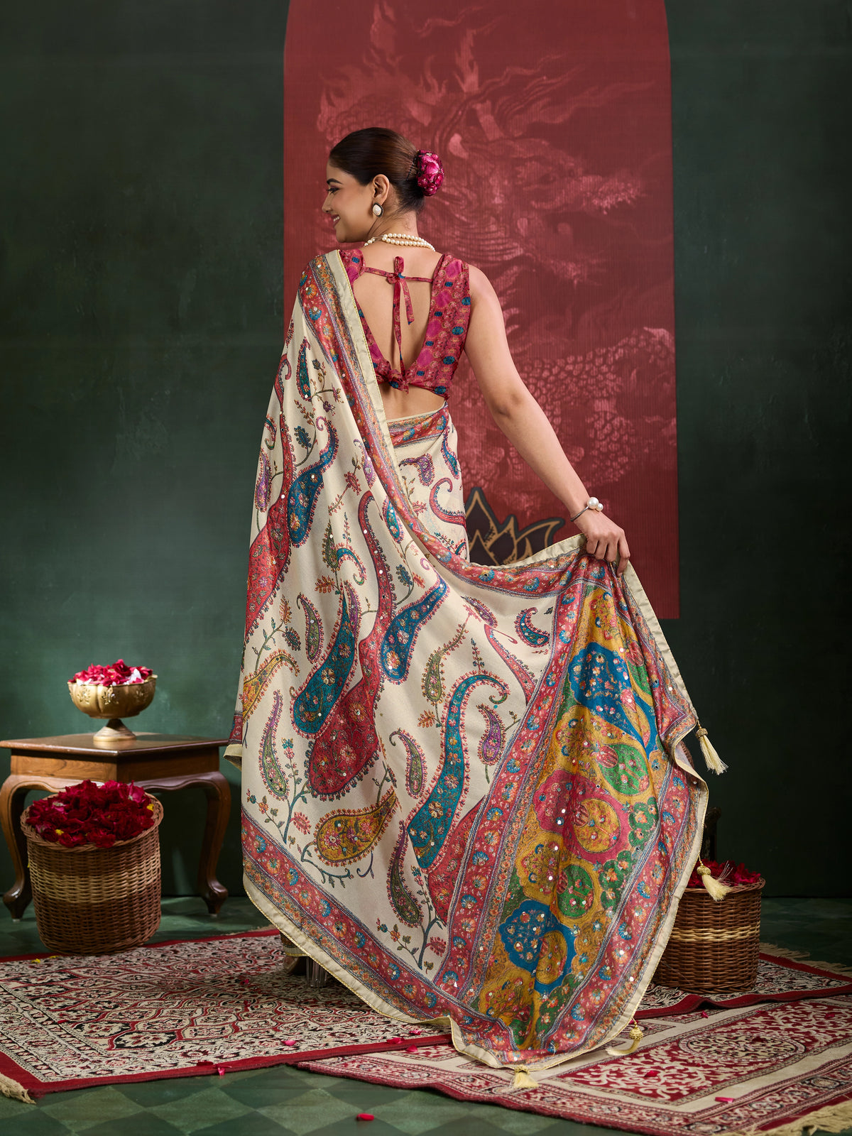 KcPc Premium Chinon Printed Saree with Mirror Work