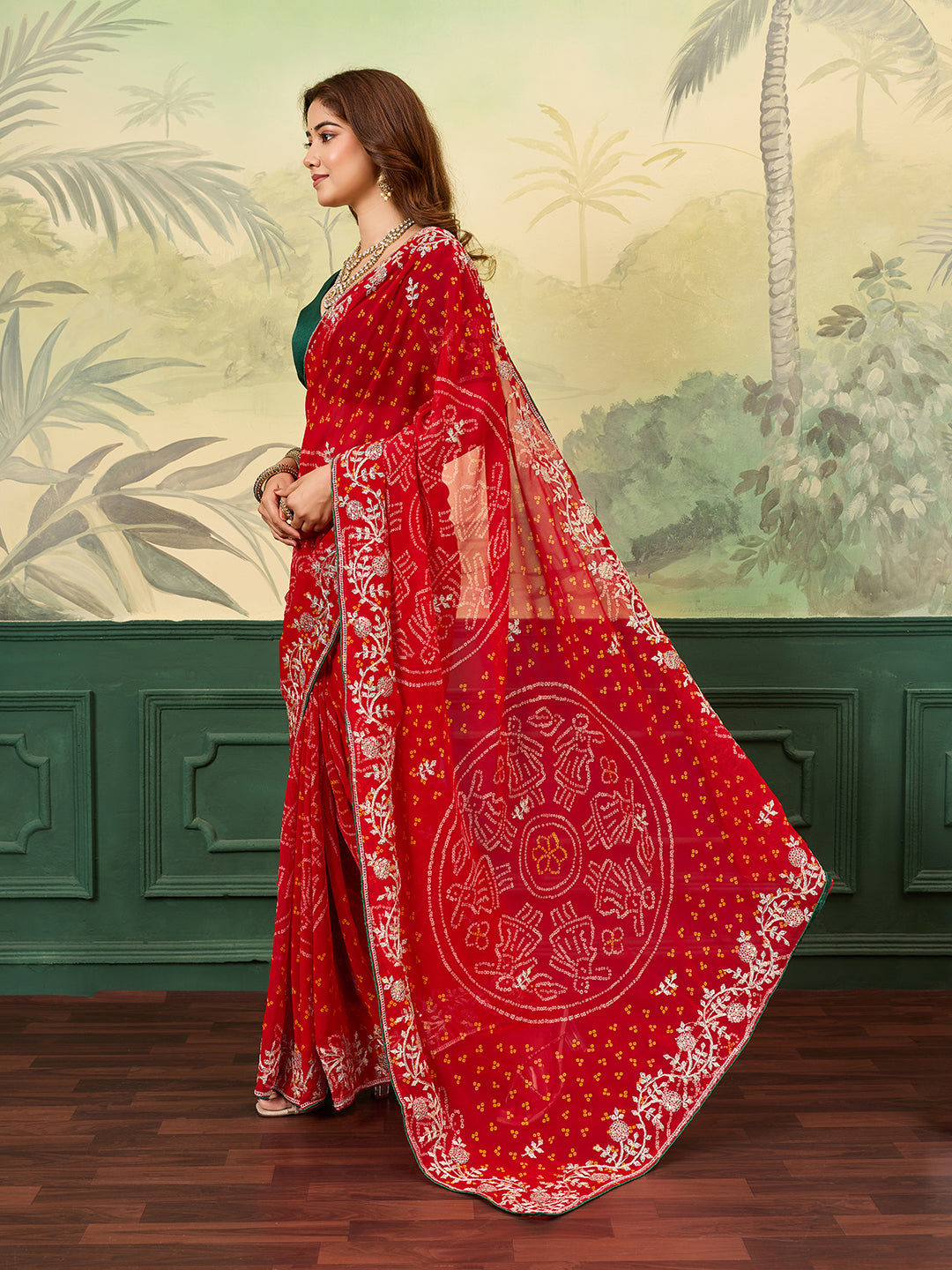 Buy New Bandhani Style Saree with Thread Embroidery Work Kcpc image