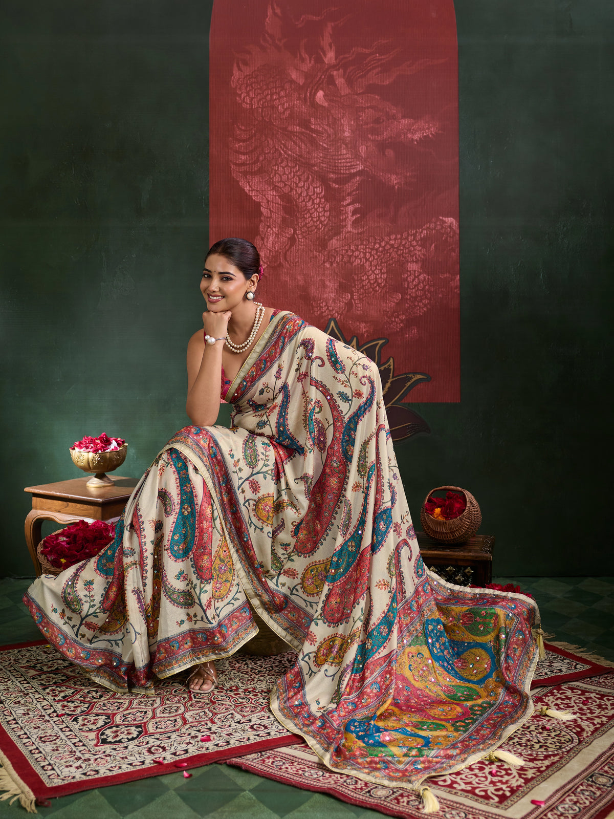 KcPc Premium Chinon Printed Saree with Mirror Work