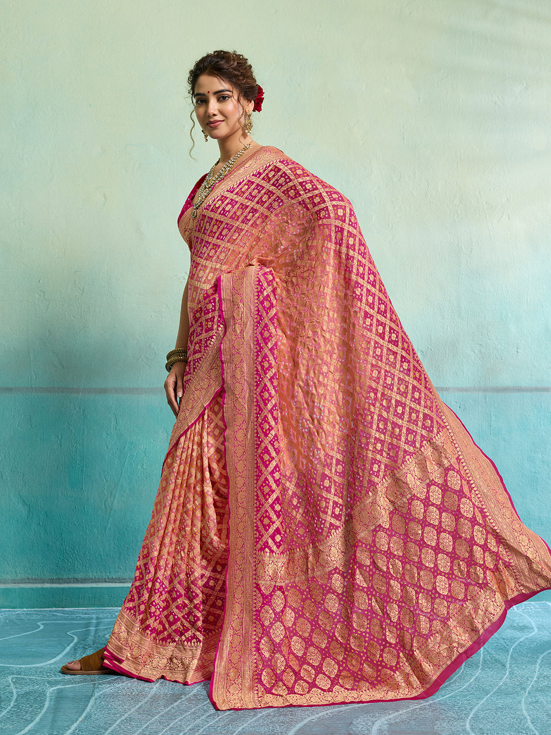 KcPc New Launch Pure Khaddi Georgette Upada Neemzari Bandhej SareePeach Pink
