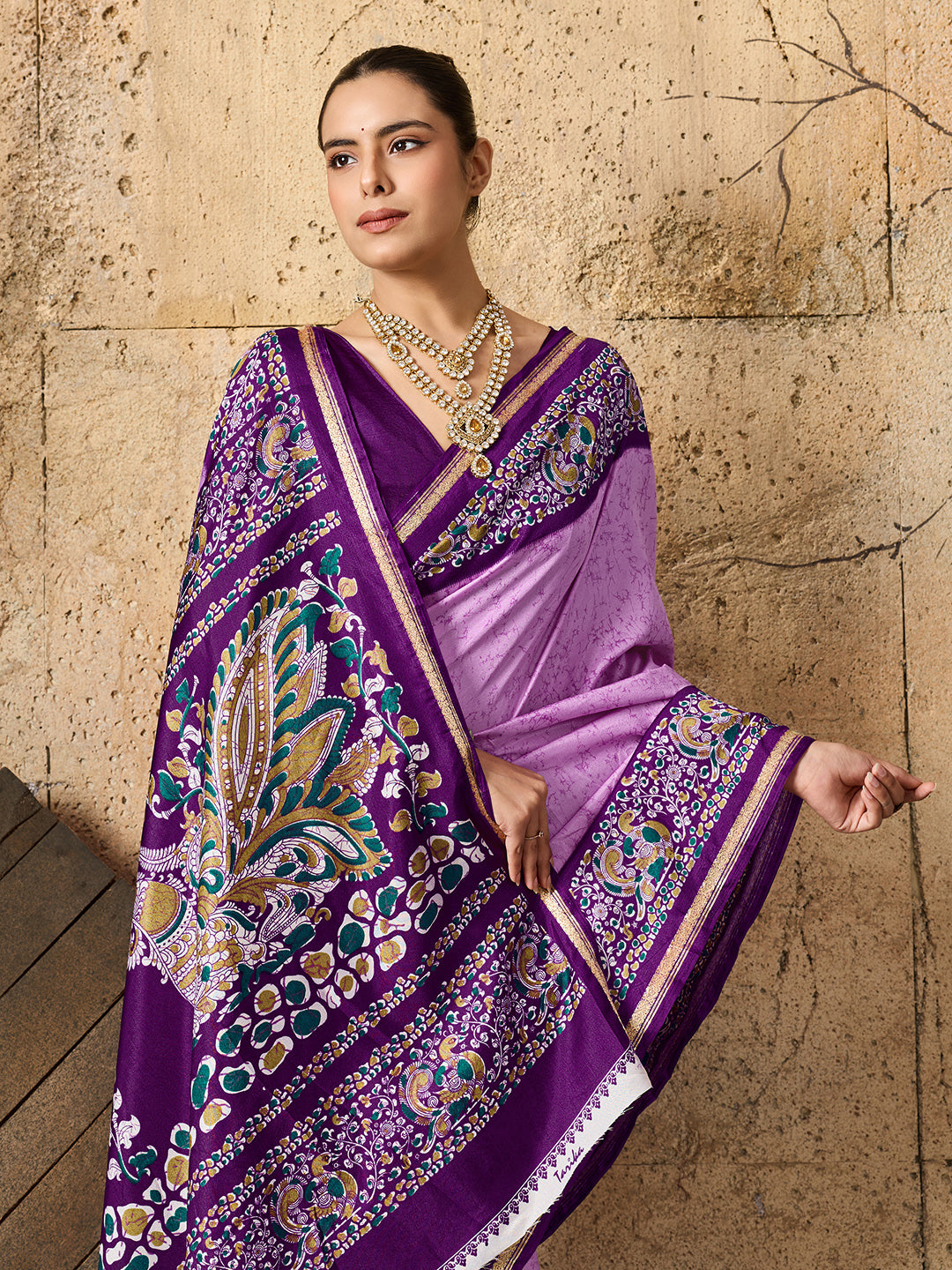 Silk Printed Style With Zari Border Work Saree in purple colour