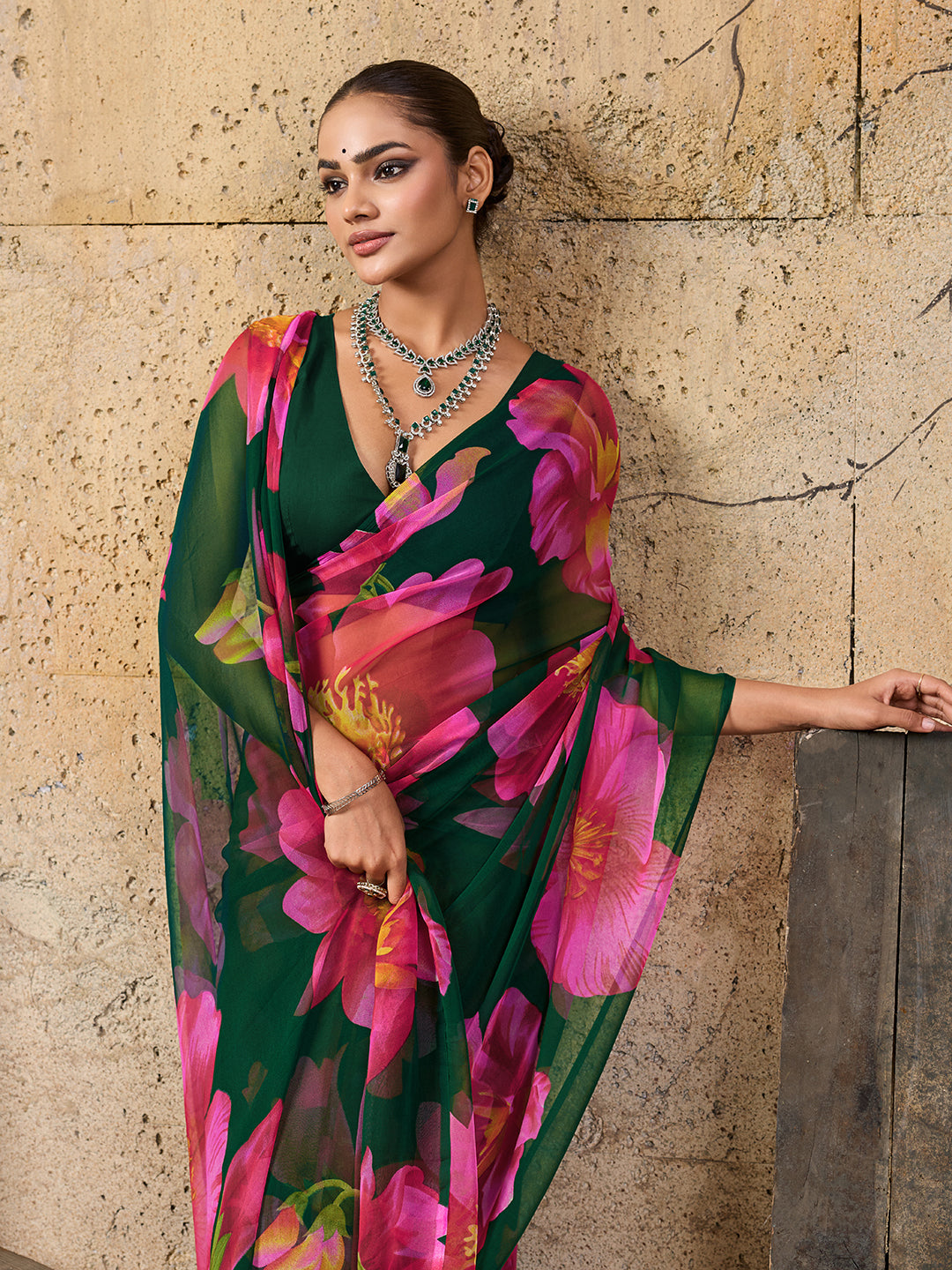 Georgette Flower Printed Style Saree in black colour