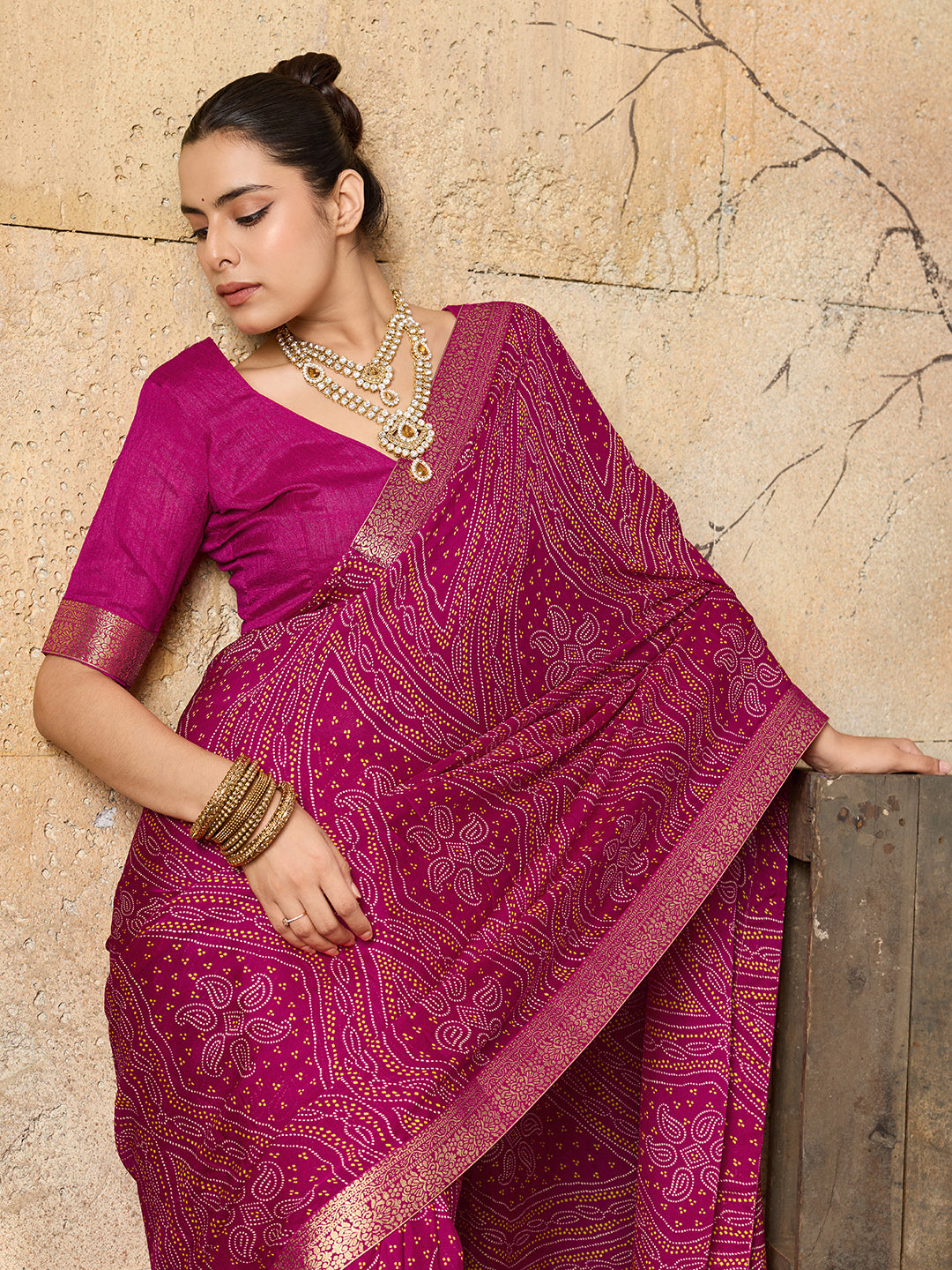 KcPc Beautiful Moss Chiffon Georgette Bandhani Sarees RaniKDM