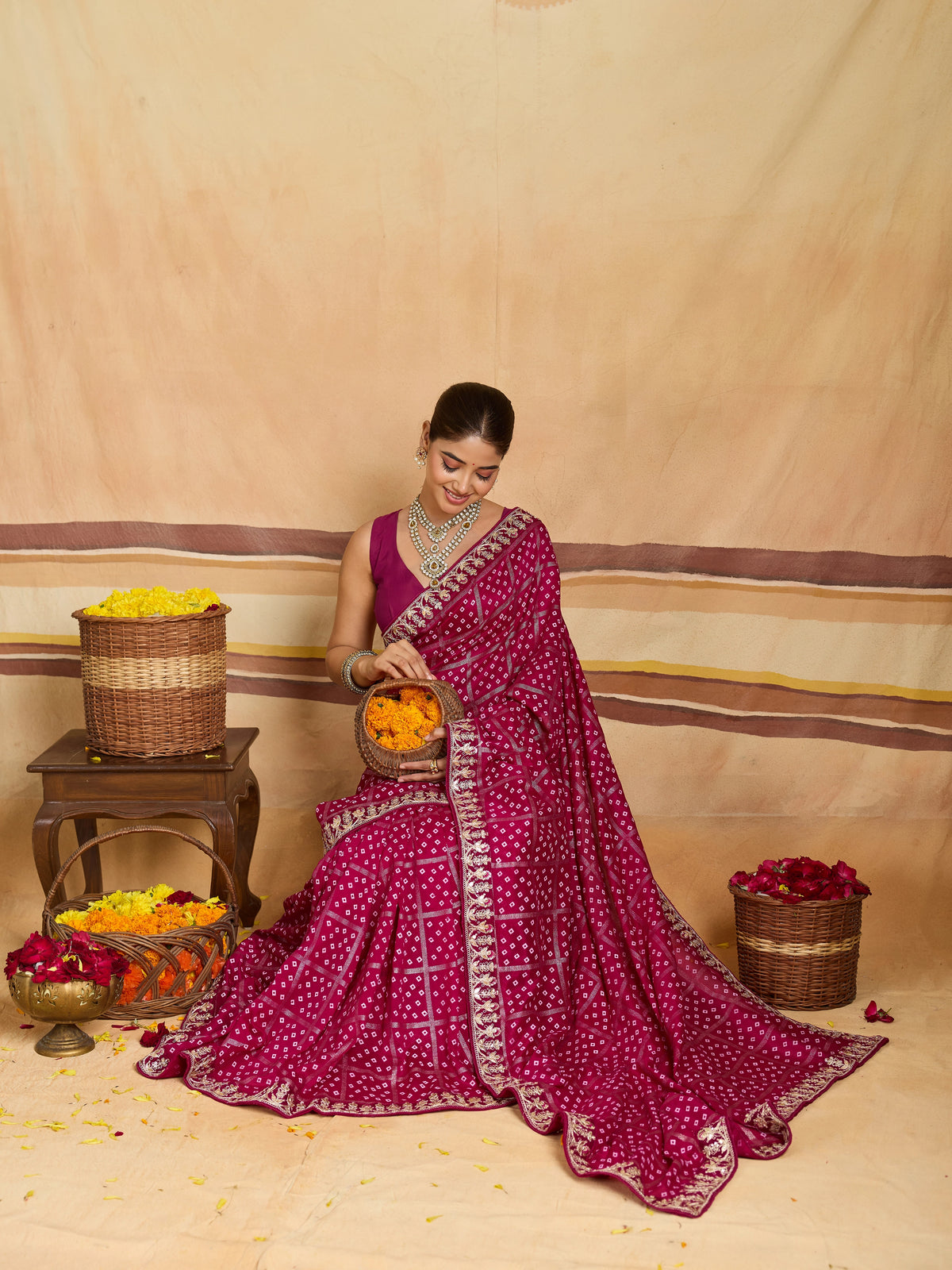 KcPc New Dola Silk Bandhani Style With Gota patti Border Work Saree SWA