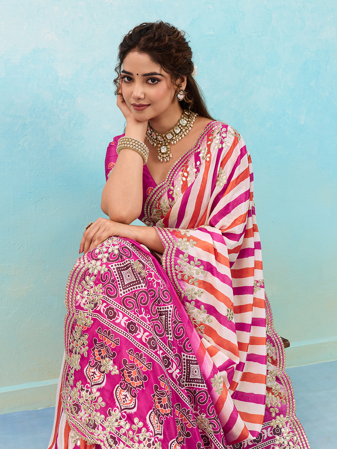 Buy Leheriya Chinon Silk Saree with Gotapatti Work Kcpc