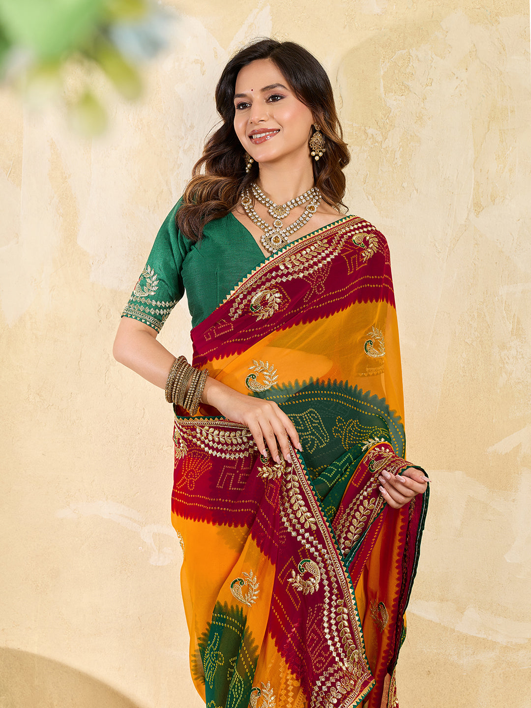 Buy Bandhani Saree With Embroidery Work