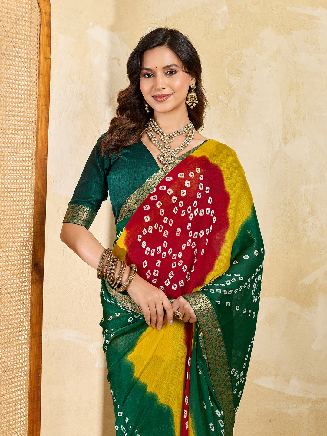 KcPc New Elegant Moss Chiffon Georgette Bandhani Saree with Zari Border KDN