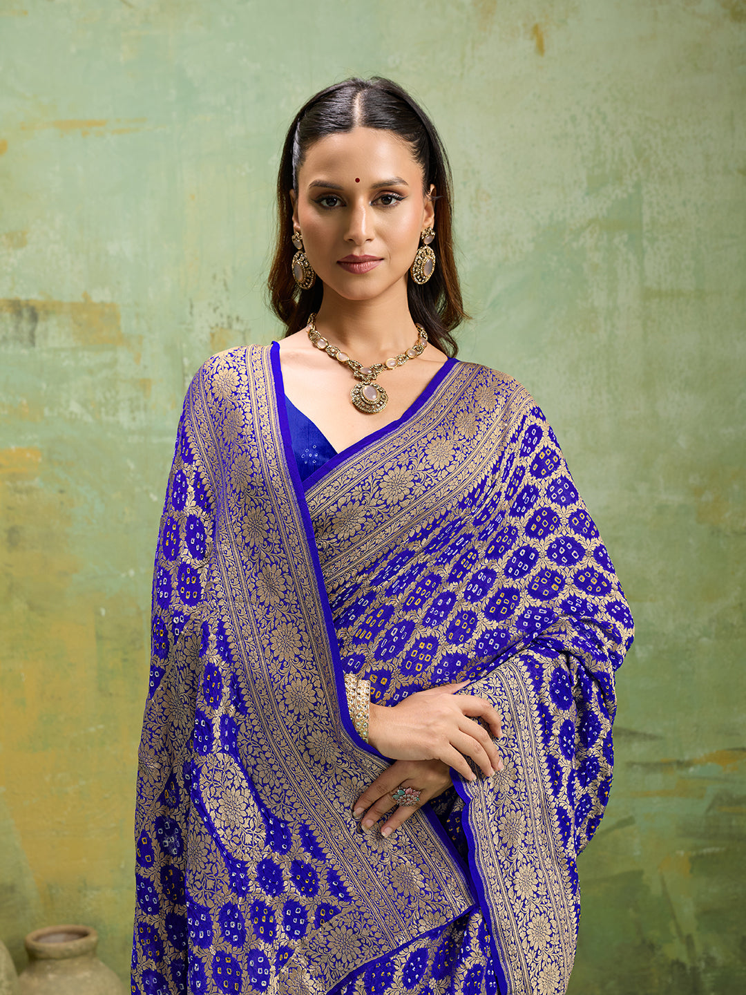KcPc New Launch Pure Khaddi Georgette Upada Neemzari Bandhej SareeRoyal Blue