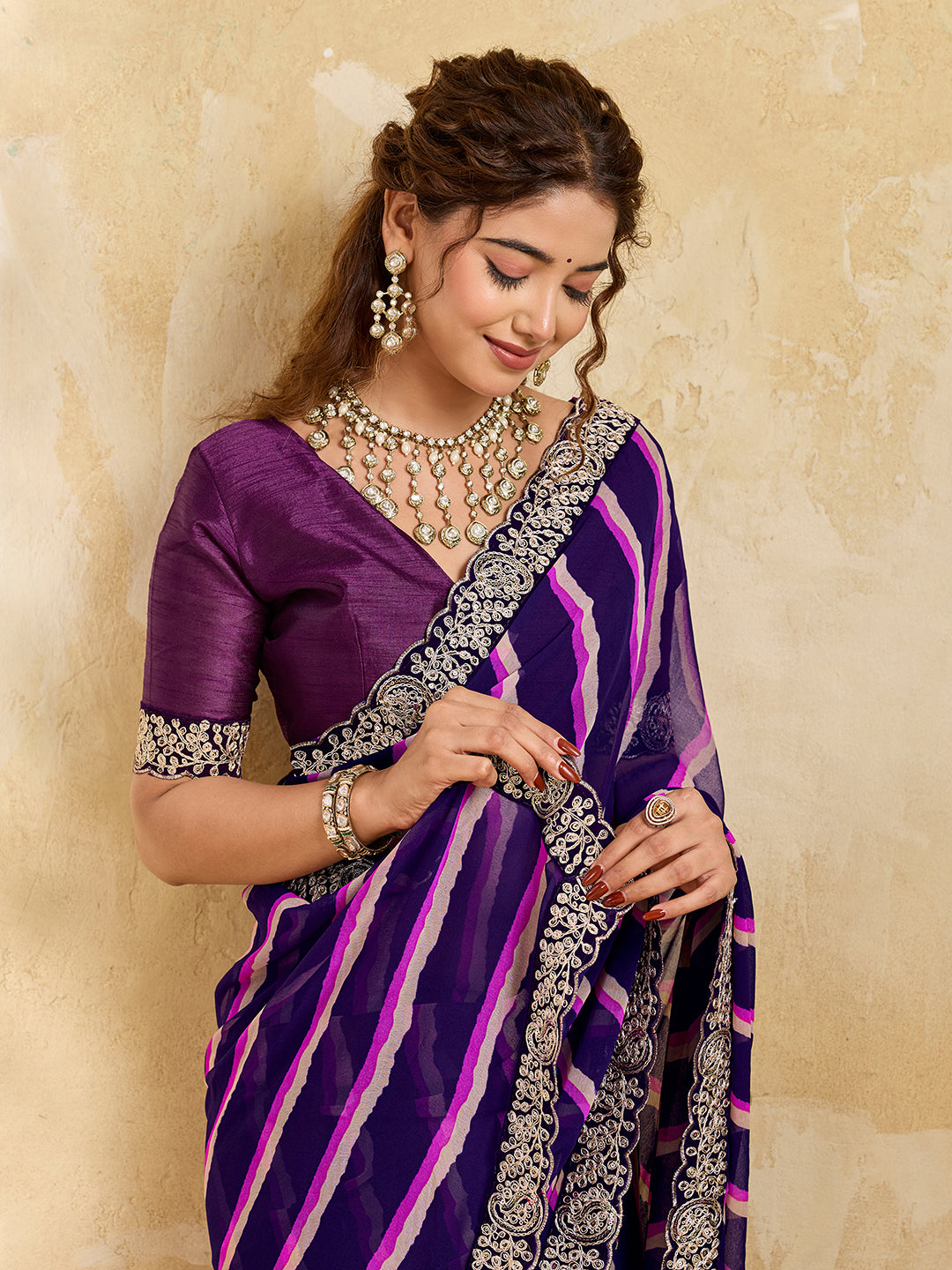 By Latest New Chiffon Leheriya Style With Embroidery Border Work Saree
