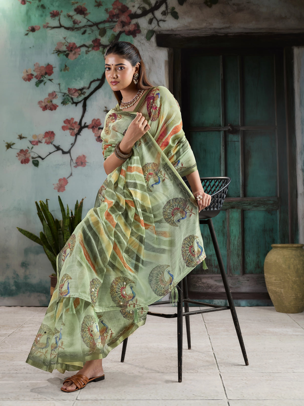 KcPc Traditional Leheriya Cotton Silk Saree with Designer Aari Tari WorkSTL