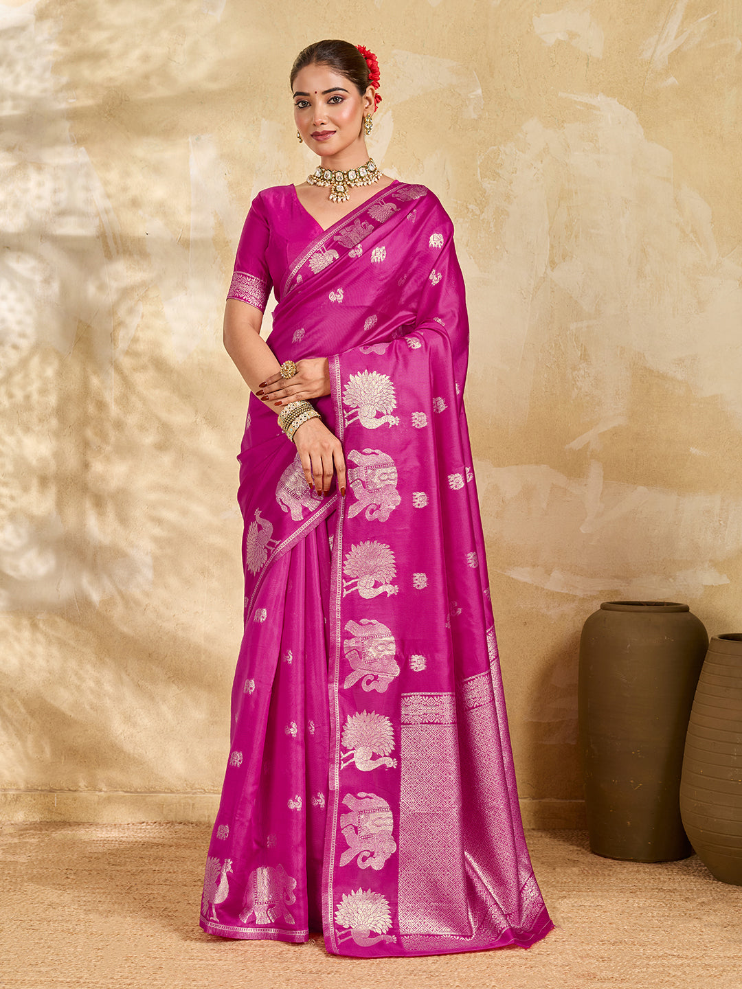 Buy New Banarasi Style Saree with Zari Border Work KcPc image 6