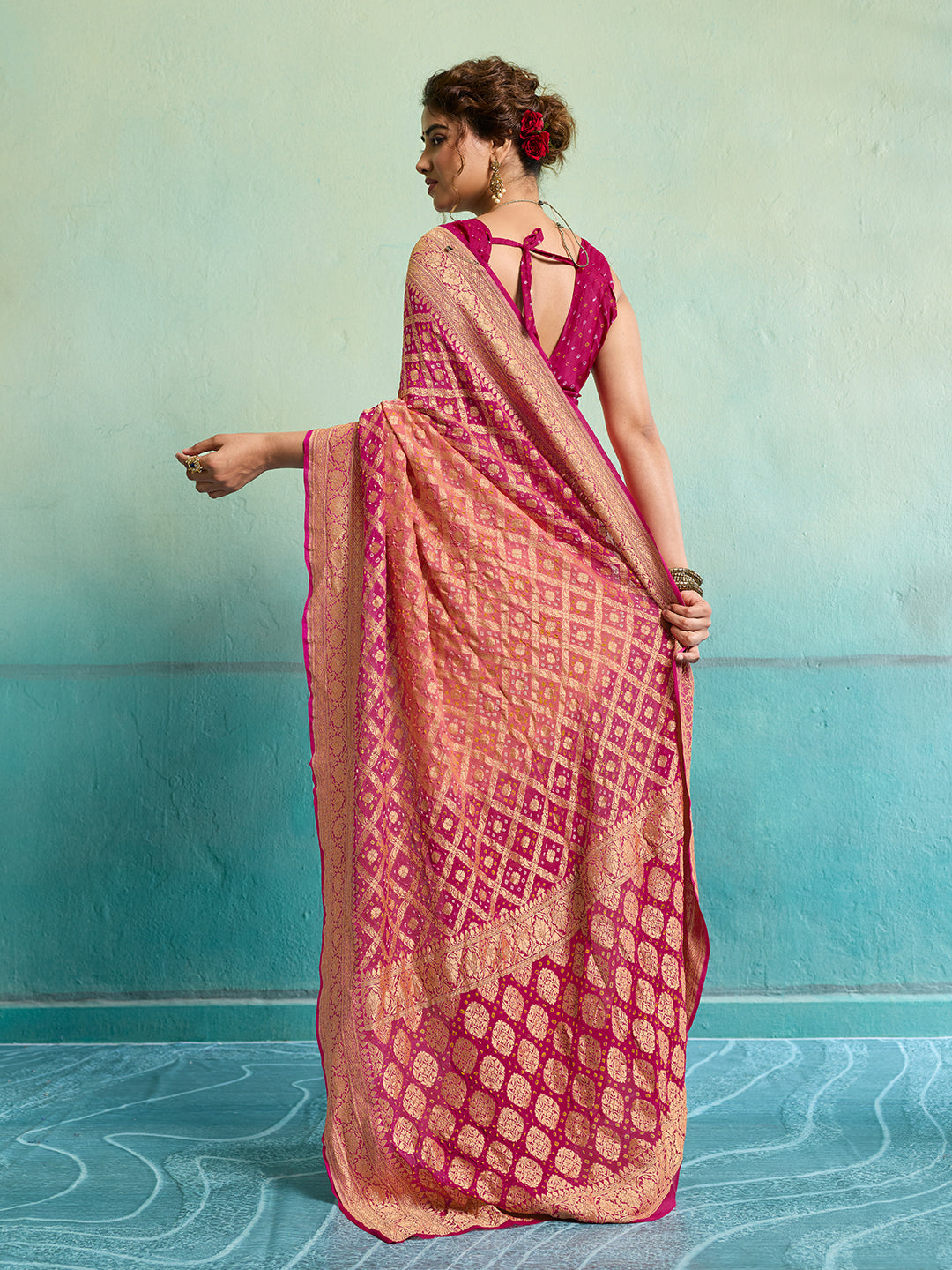 KcPc New Launch Pure Khaddi Georgette Upada Neemzari Bandhej SareePeach Pink
