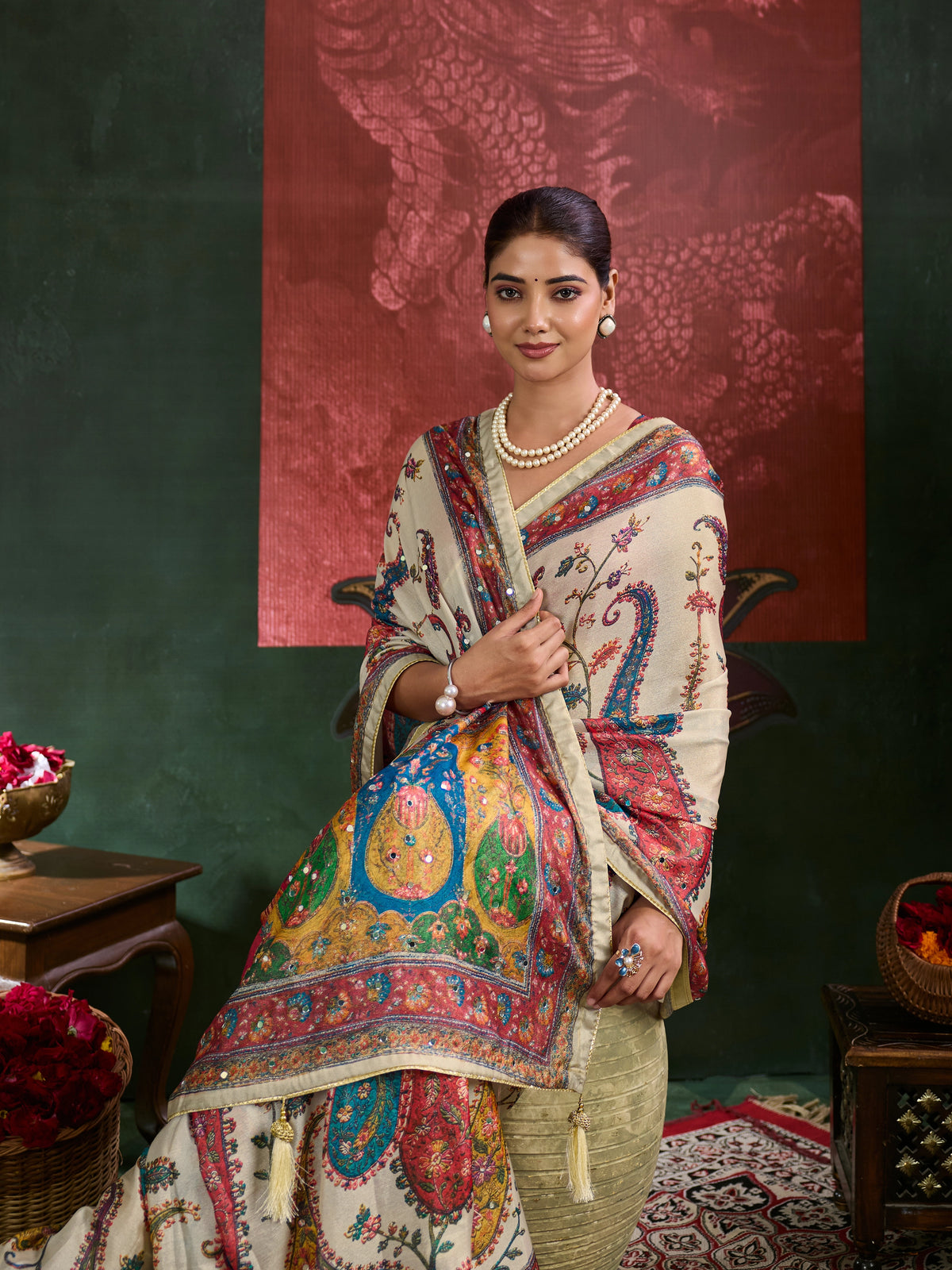 KcPc Premium Chinon Printed Saree with Mirror Work