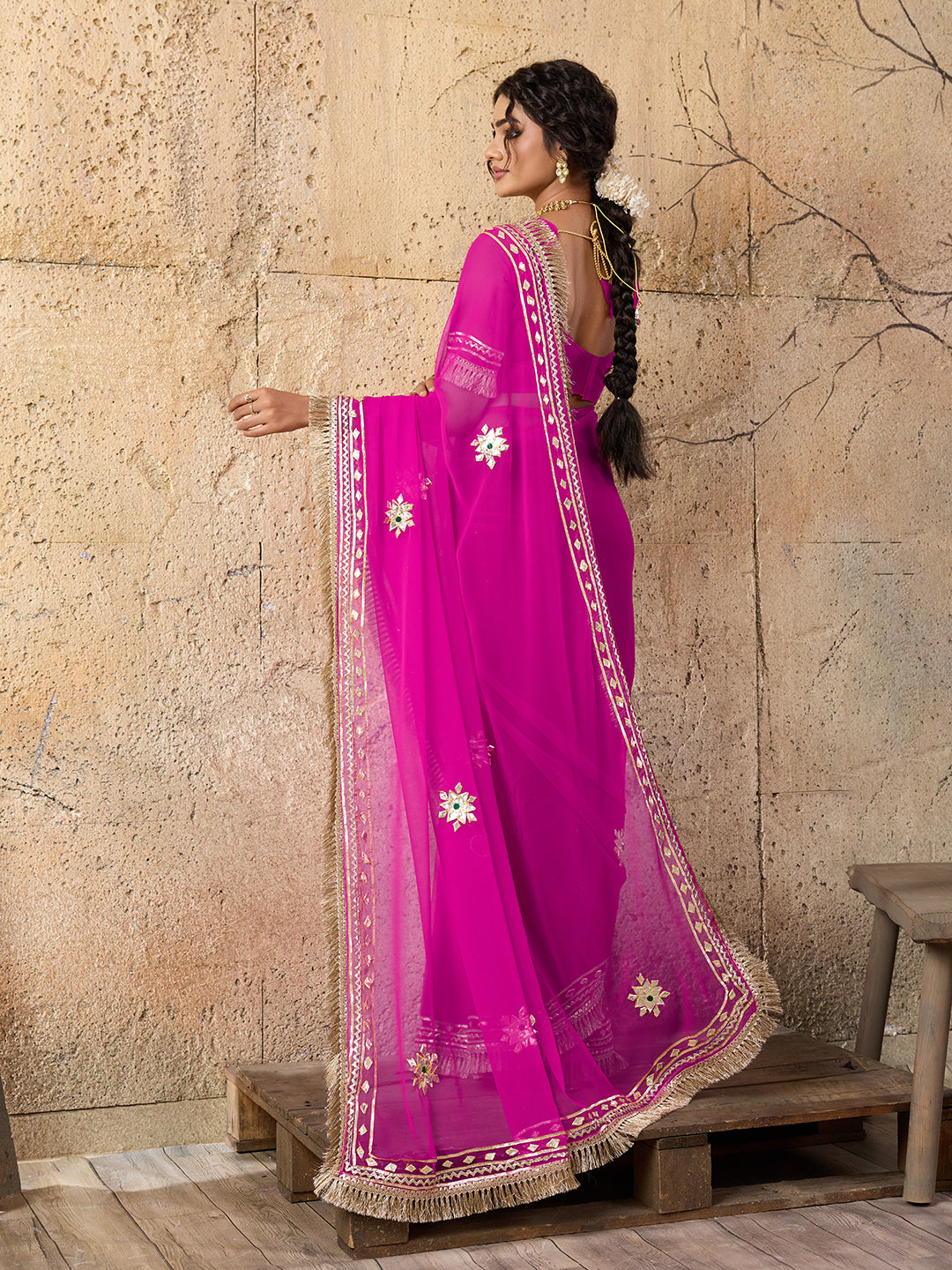 Buy Pink saree with gold embroidery gotapati work in pink colour