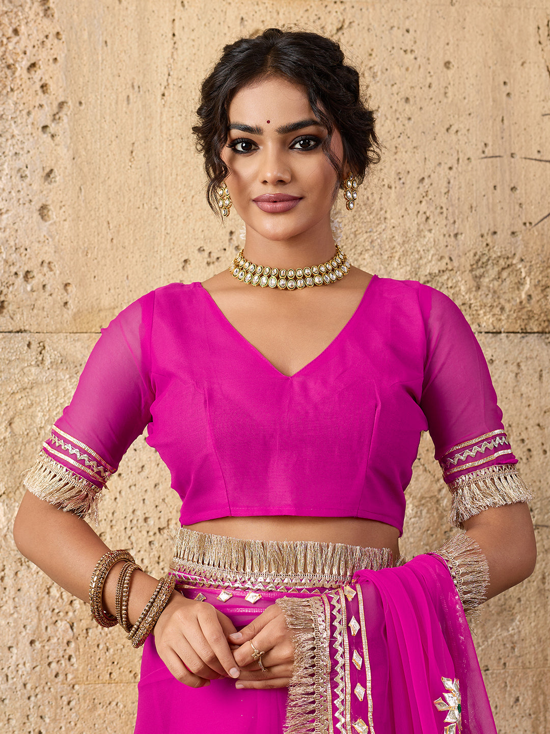 Buy Pink saree with gold embroidery gotapati work in pink colour