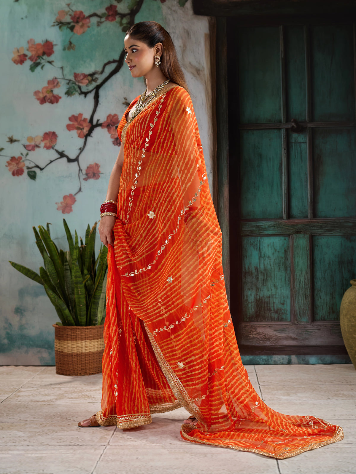 KcPc Premium Georgette Leheriya Saree with Gotapatti Work MHS