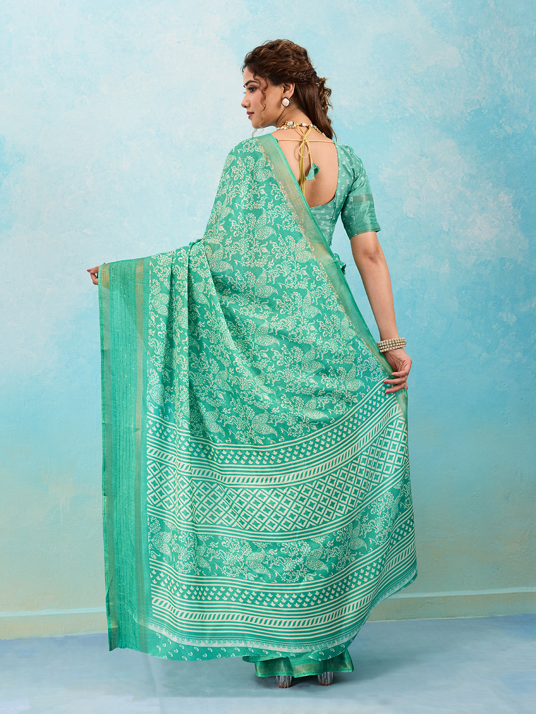 Batik Sanganeri Print Banarasi Border Saree under 1000