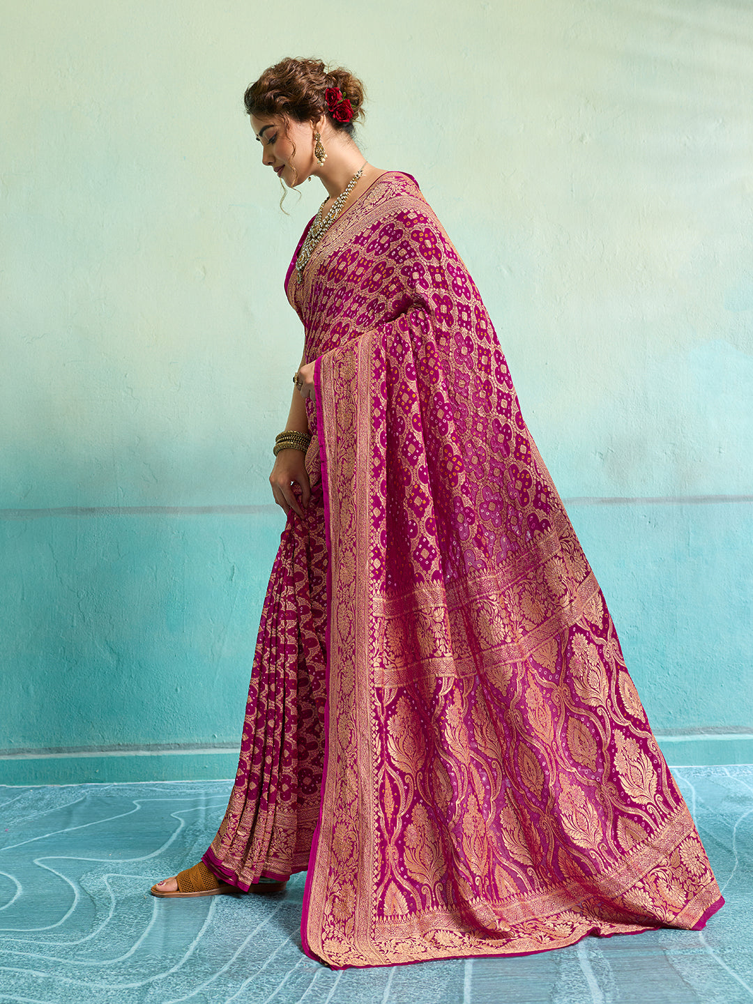 KcPc Latest Pure Khaddi Georgette Upada Neemzari Bandhej Saree Rani