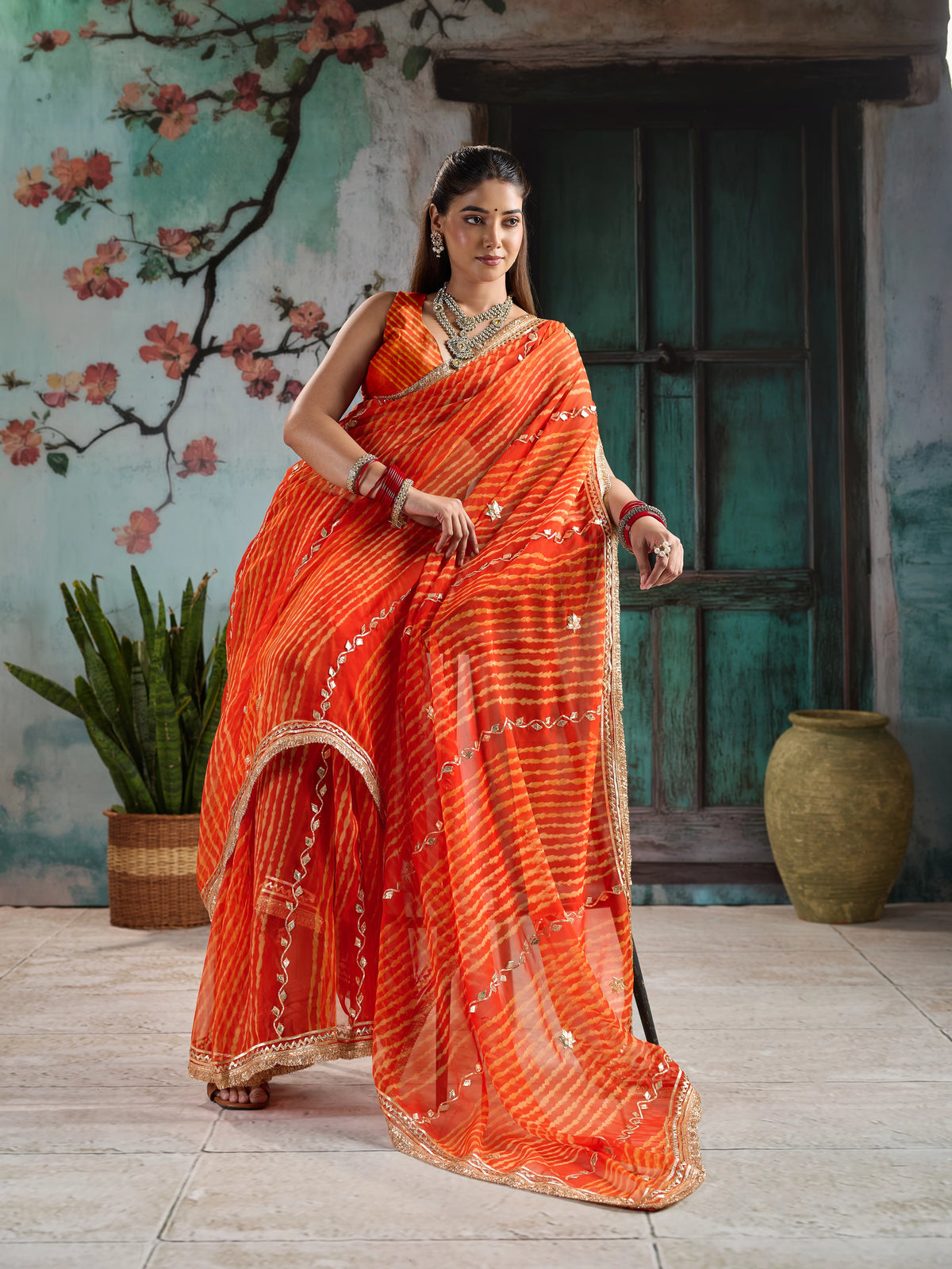 KcPc Premium Georgette Leheriya Saree with Gotapatti Work MHS