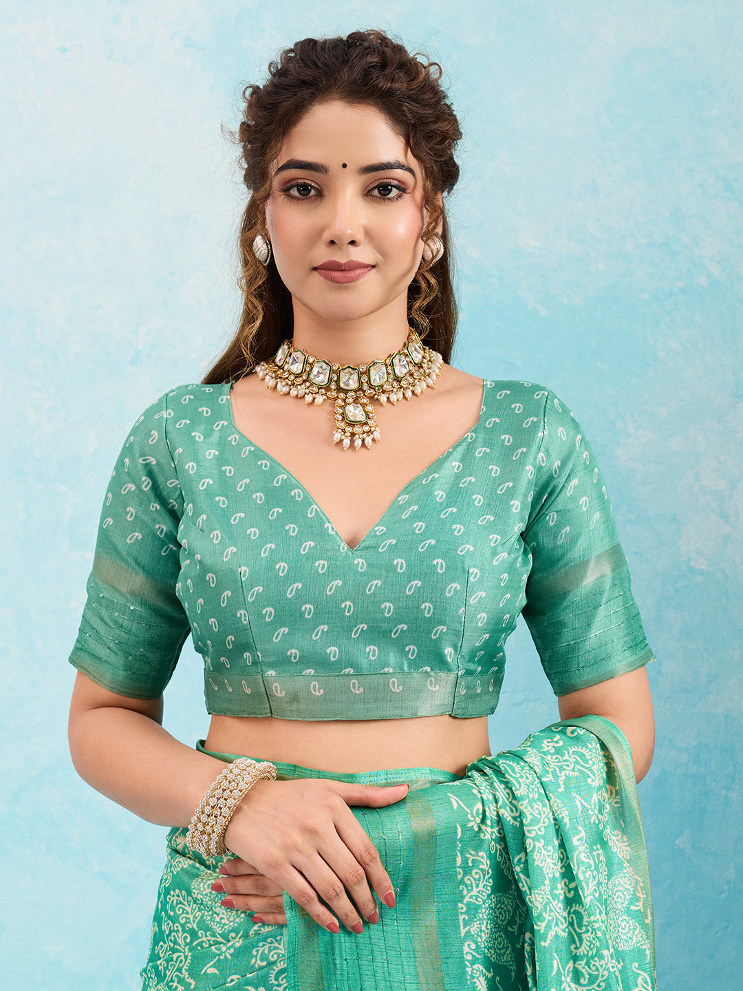 Batik Sanganeri Print Banarasi Border Saree under 1000