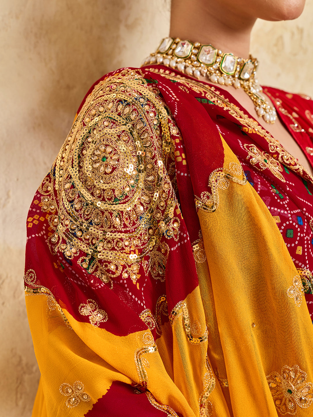 KcPc Pure Georgette Handmade Bandhej With Zari Thread Work Chunri (Pomcha)