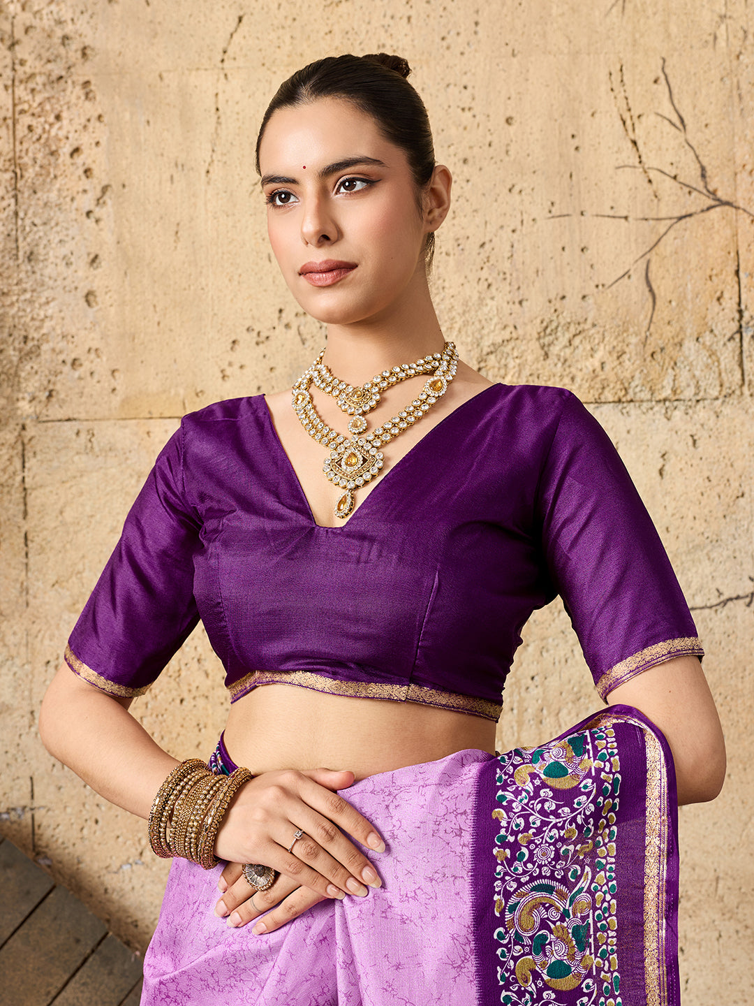 Silk Printed Style With Zari Border Work Saree in purple colour