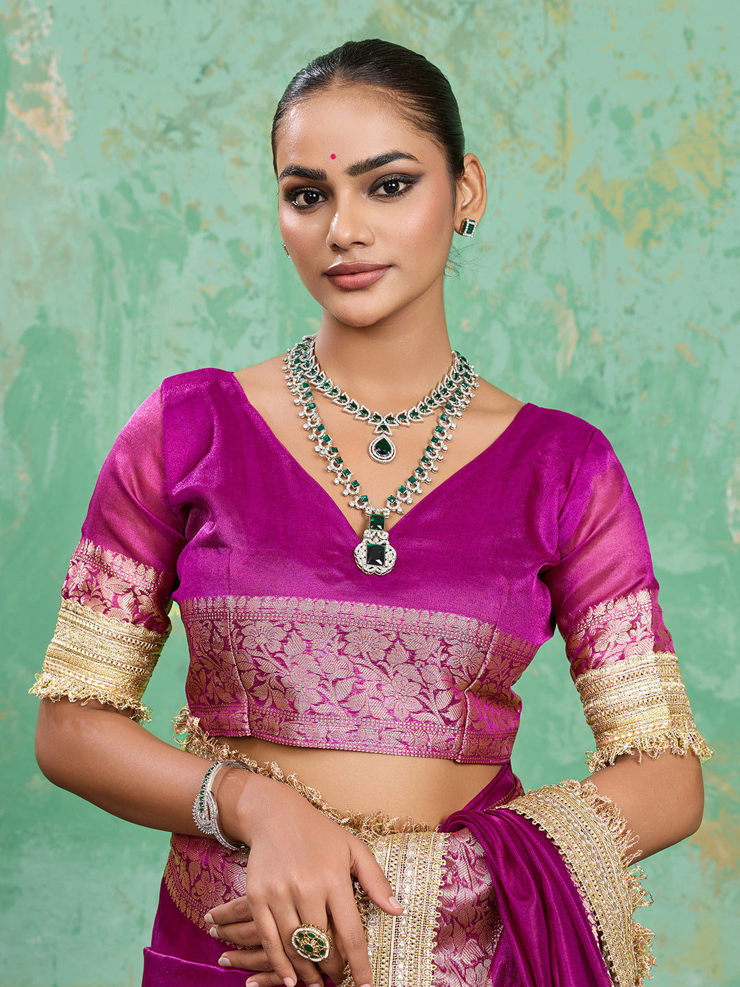 treding Tissue Silk saree in rani colour