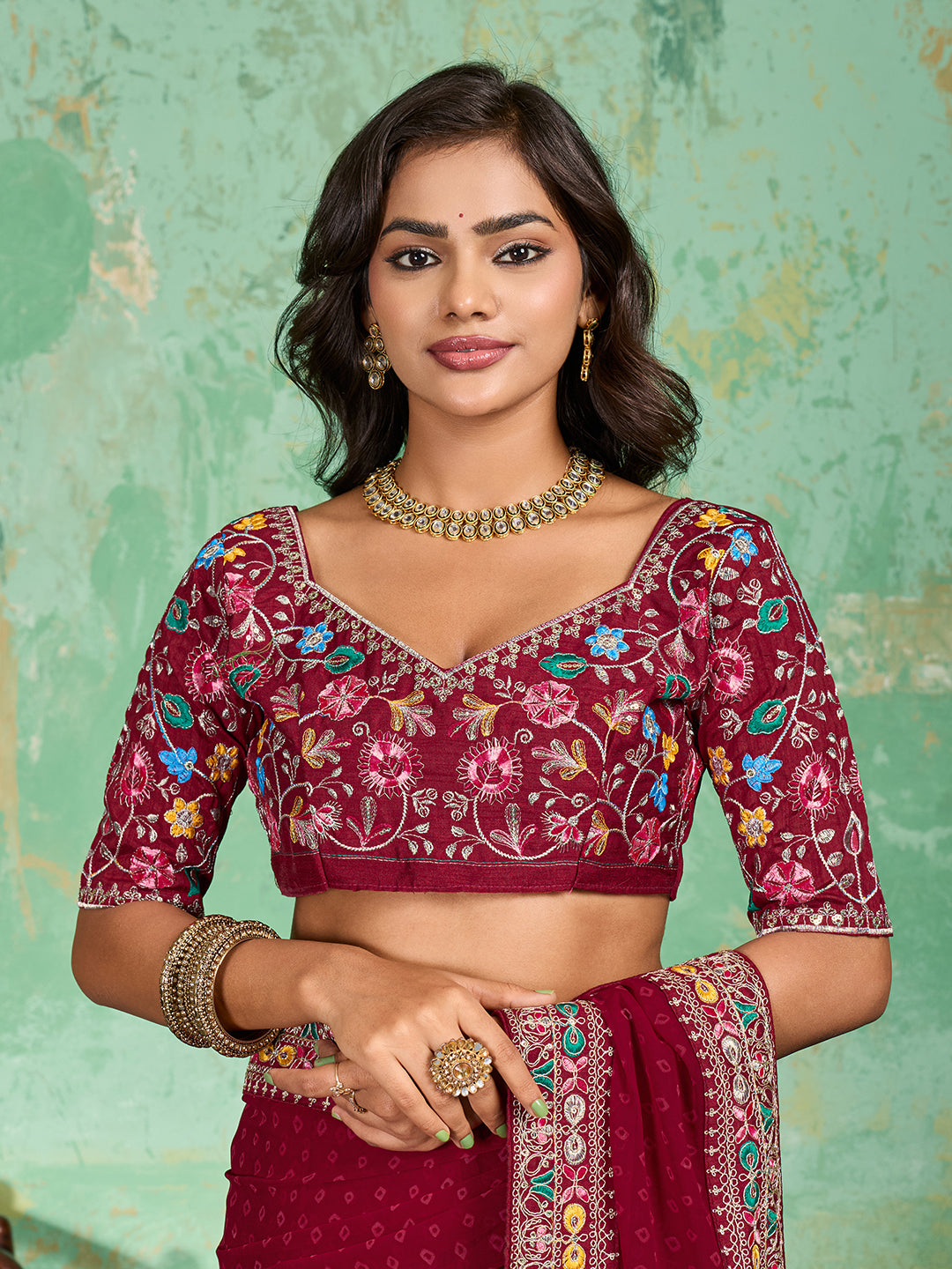 Georgette Bandhani With Gotapatti Work Saree in red colour