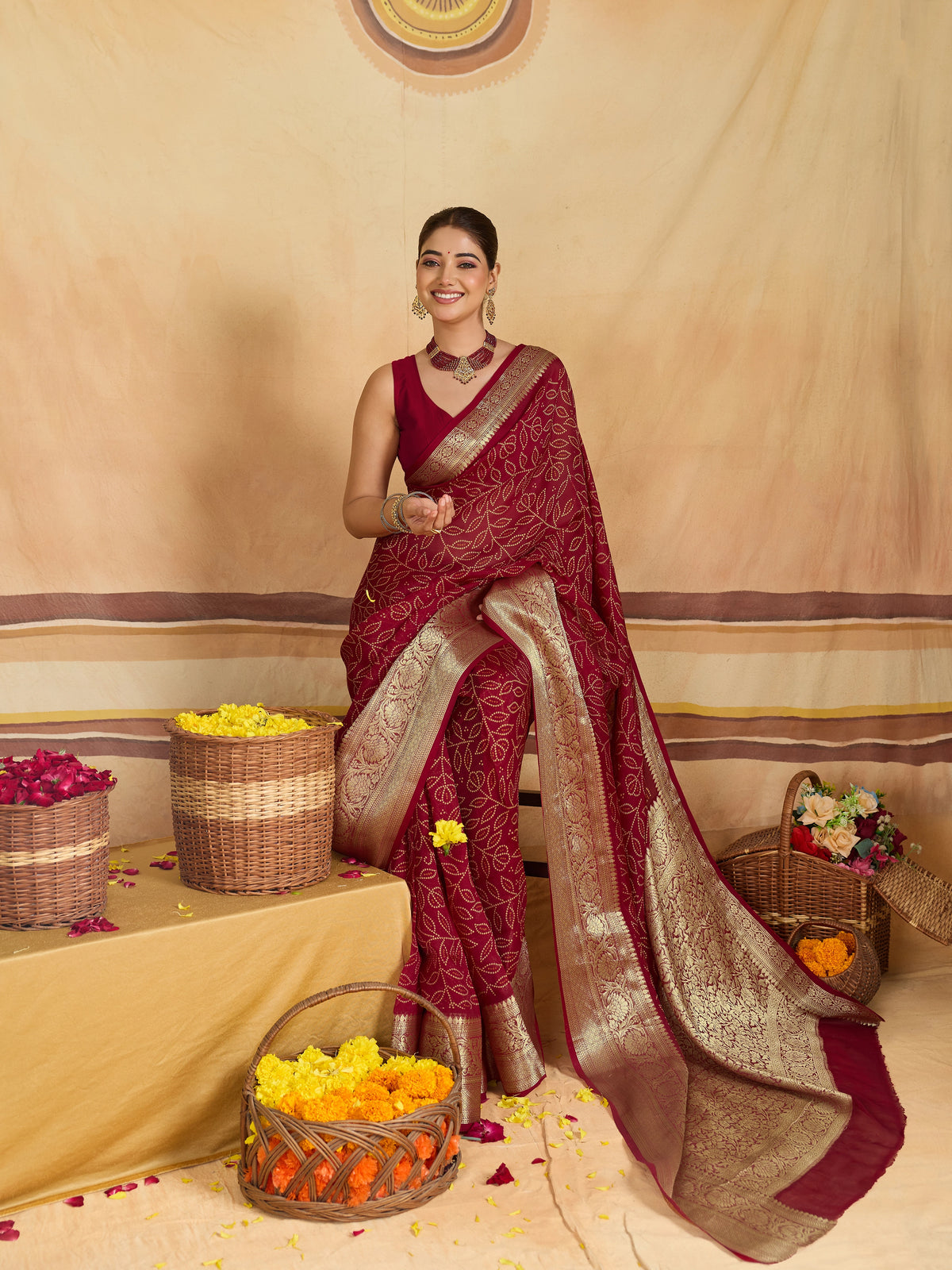 KcPc Traditional Bandhani Style Viscose Silk Saree with Elegant Zari Weaving SSM