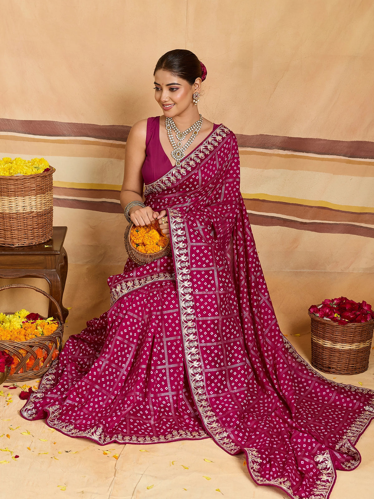 KcPc New Dola Silk Bandhani Style With Gota patti Border Work Saree SWA