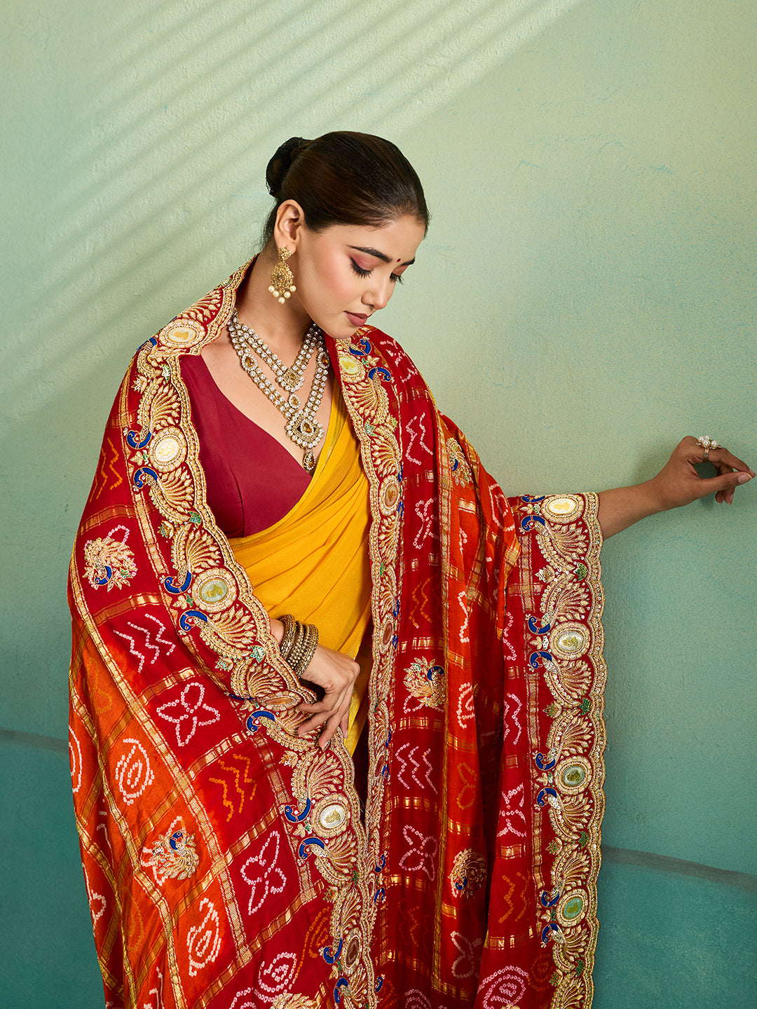 KcPc Traditional Gaji Silk Bandhani Pila Chunri with Zardosi Work With Silver Coins MNL