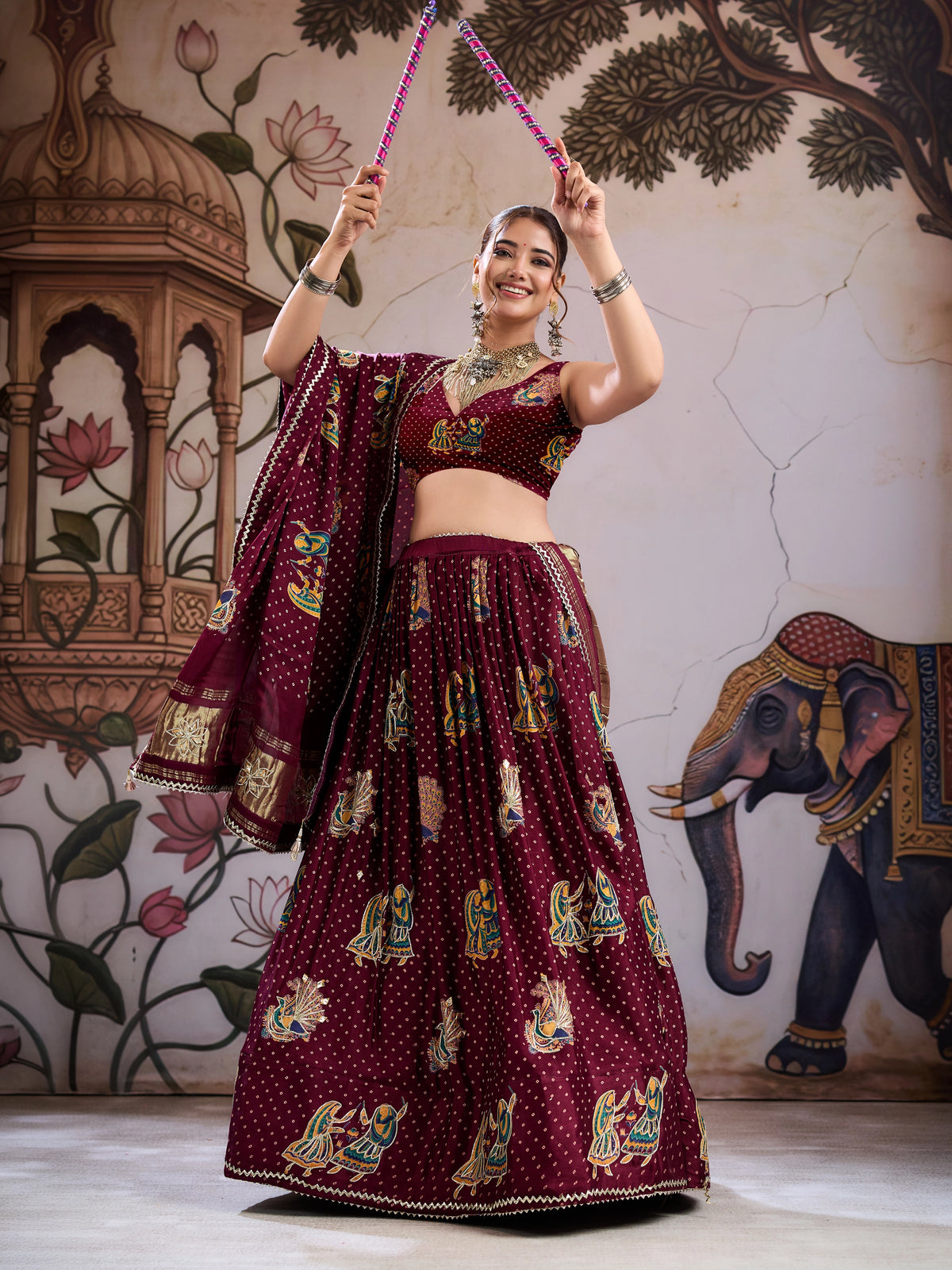 KcPc Gaji Silk Kalamkari Lehenga with Gotapatti WorkGOURI
