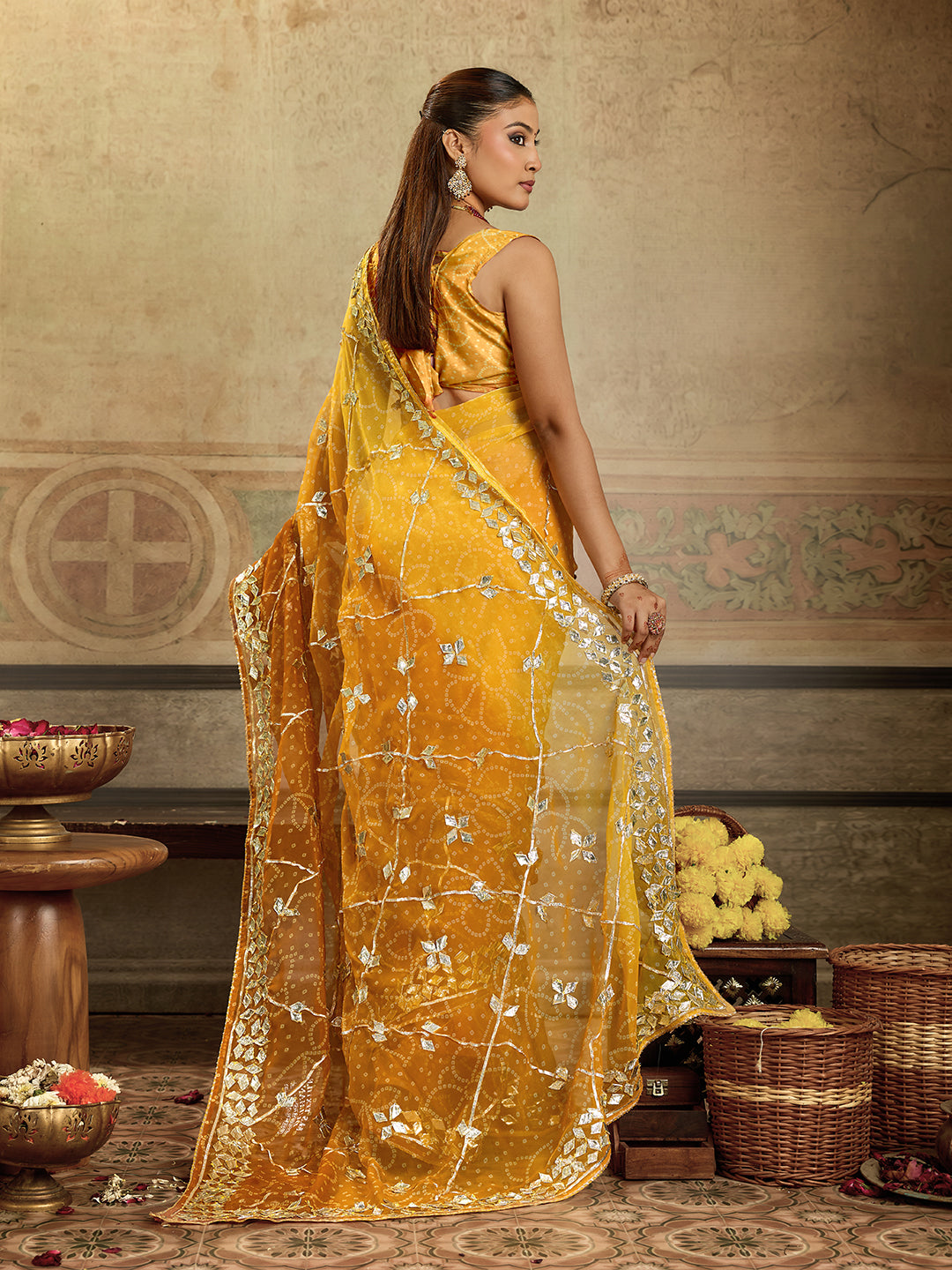KcPc New Beautiful Georgette Chiffon Bandhani Style With Gotapatti Work Saree MHS