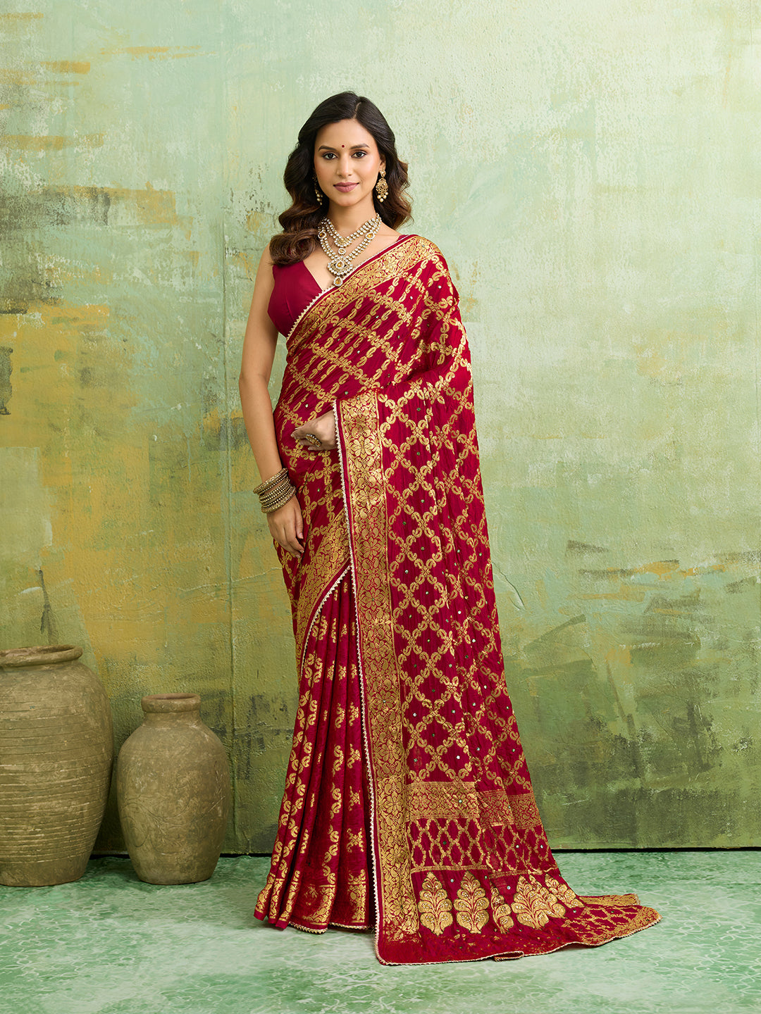 trending mirror work saree in bandhani pattern