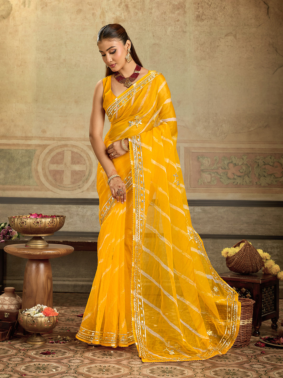 KcPc Latest New Organza Leheriya Style With Gotapatti Work Saree MHS